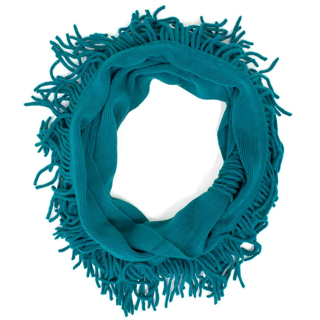 Knit Fringe Necklace Scarf | Lightweight Acrylic Loop Infinity Scarf | Turquoise Black Ivory