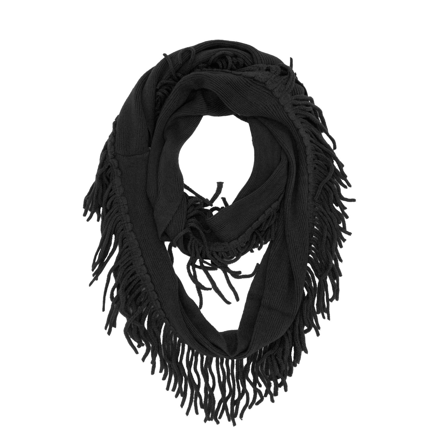 Knit Fringe Necklace Scarf | Lightweight Acrylic Loop Infinity Scarf | Turquoise Black Ivory