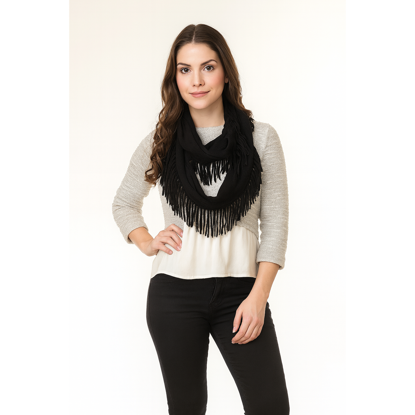 Knit Fringe Necklace Scarf | Lightweight Acrylic Loop Infinity Scarf | Turquoise Black Ivory