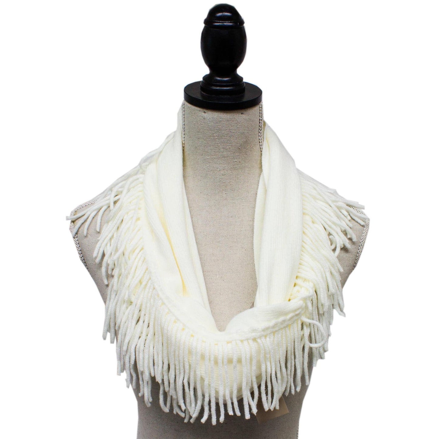 Knit Fringe Necklace Scarf | Lightweight Acrylic Loop Infinity Scarf | Turquoise Black Ivory