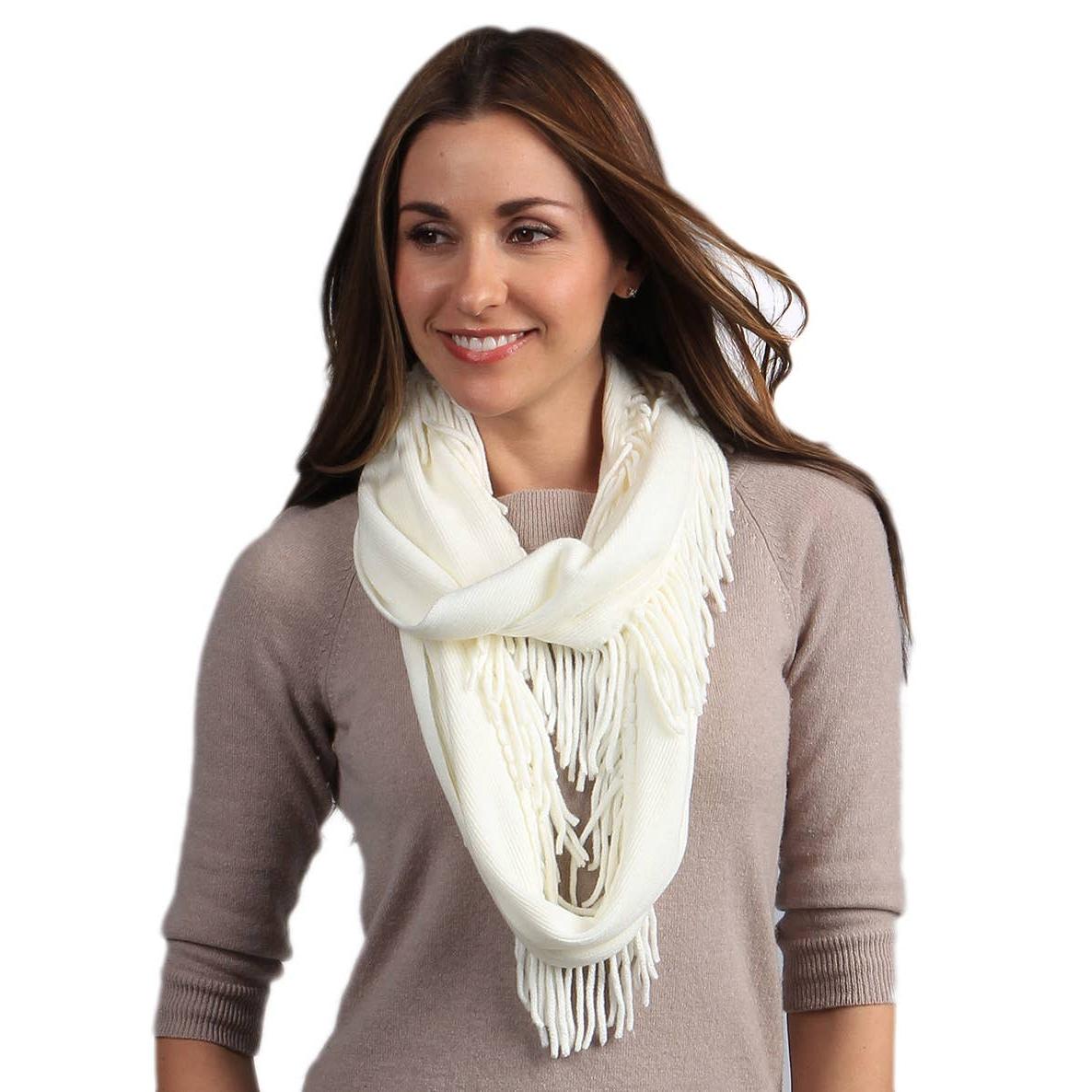 Knit Fringe Necklace Scarf | Lightweight Acrylic Loop Infinity Scarf | Turquoise Black Ivory