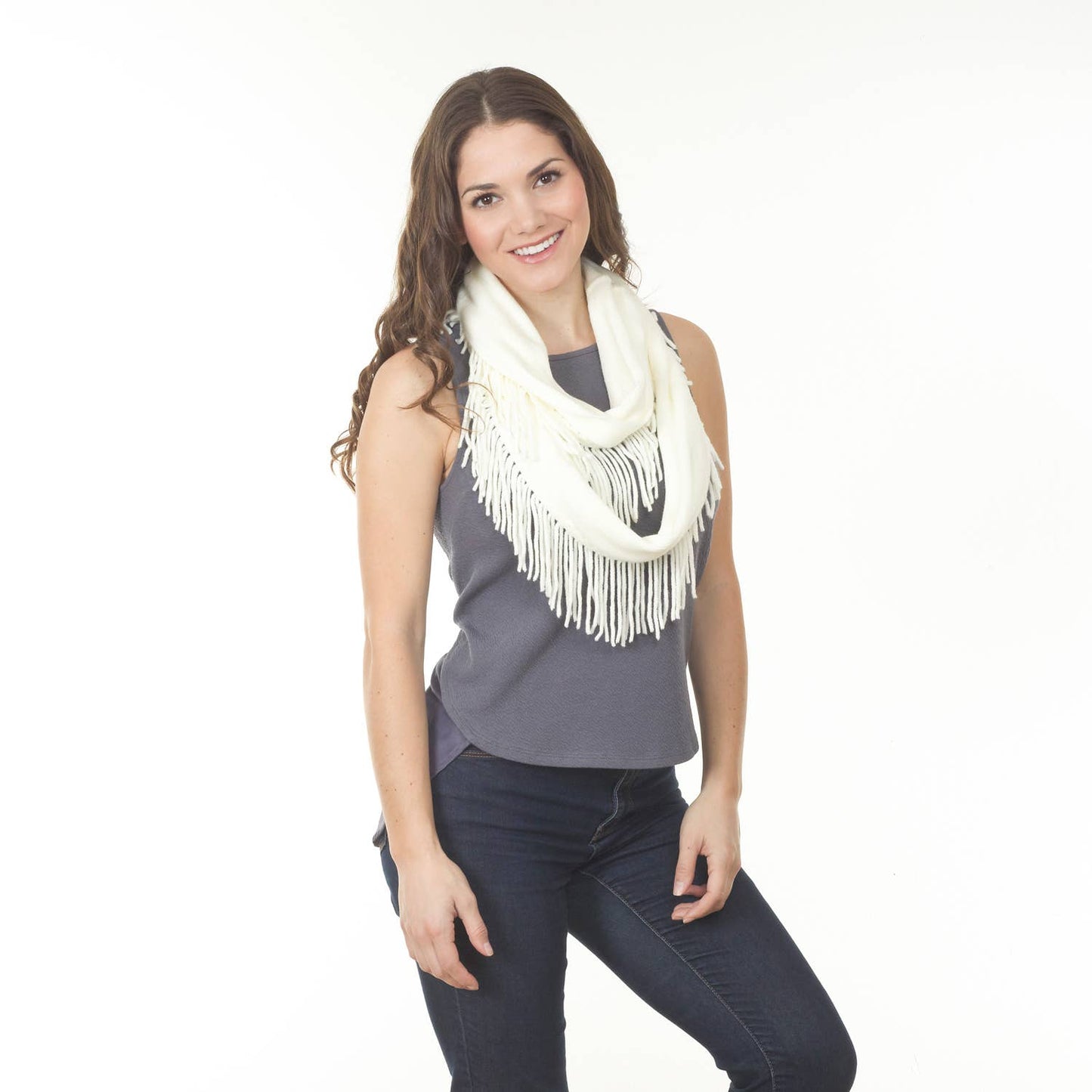Knit Fringe Necklace Scarf | Lightweight Acrylic Loop Infinity Scarf | Turquoise Black Ivory