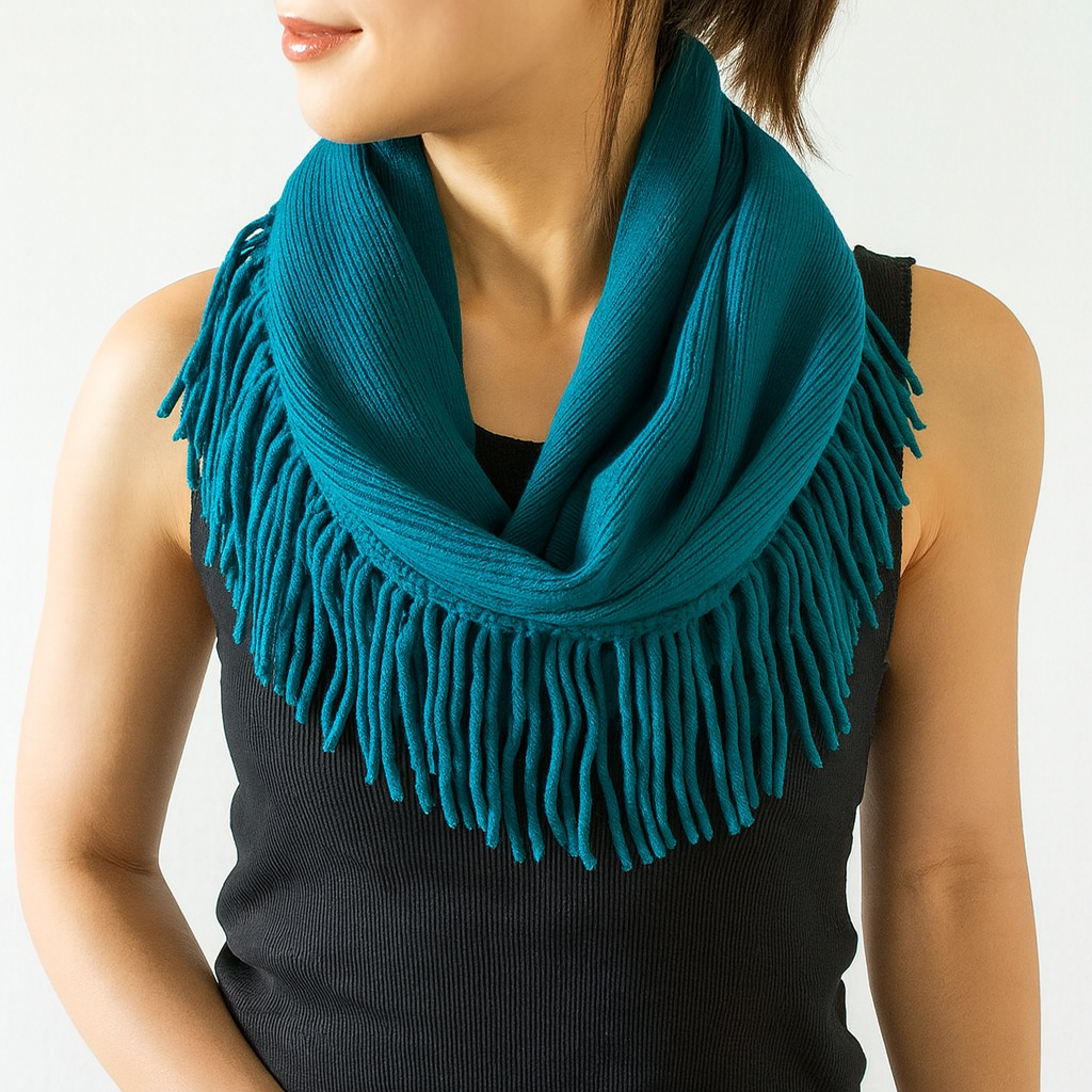 Knit Fringe Necklace Scarf | Lightweight Acrylic Loop Infinity Scarf | Turquoise Black Ivory
