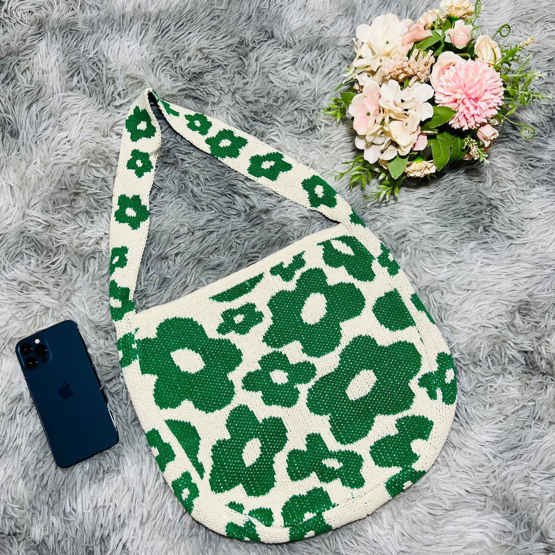 Knitted Single Strap Large Shoulder Tote Bag in Dark Green Flower Designs | 100%Acrylic / One Size | Handbag