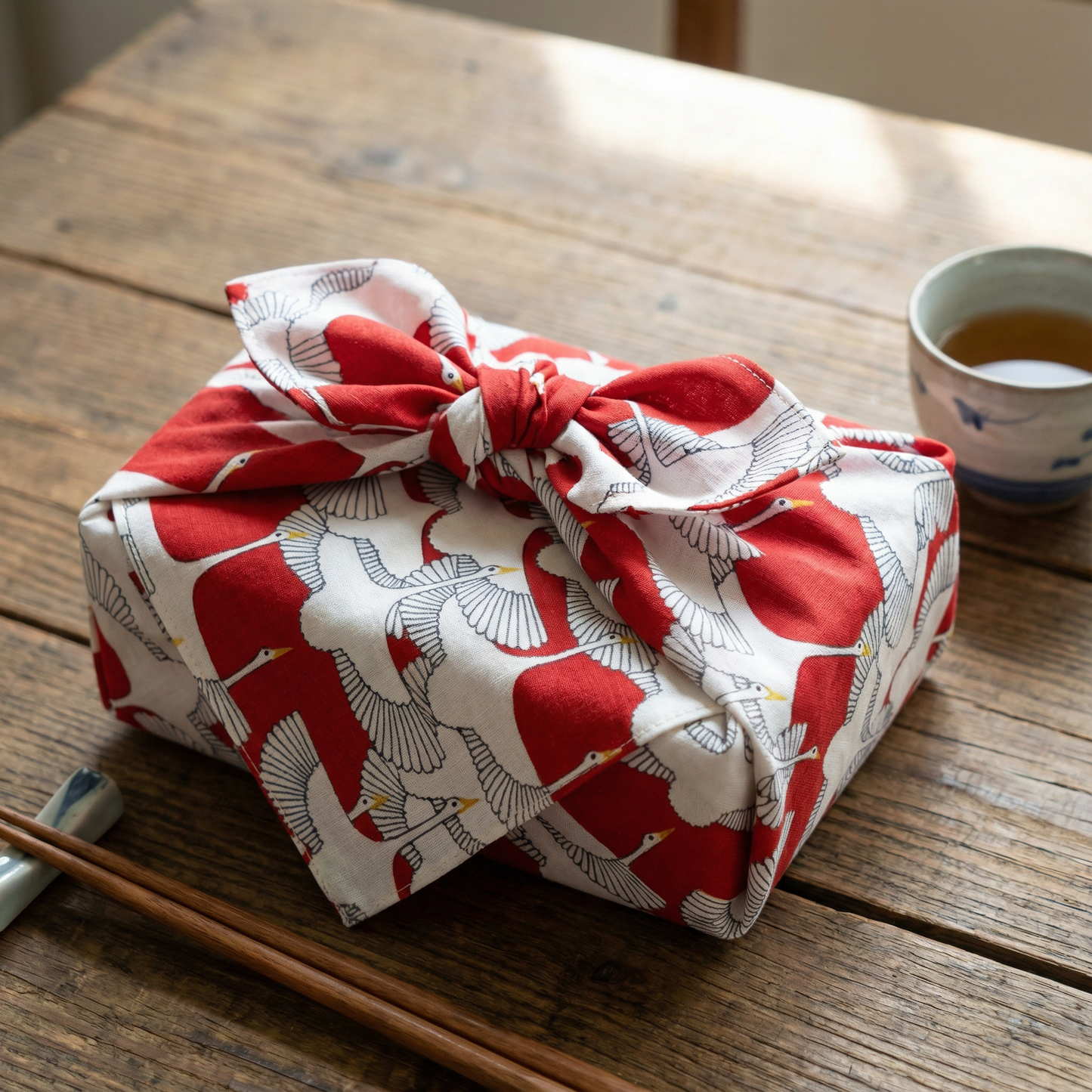 Kofu Shukuzuru Crane Print Red Bento Wrapping Cloth | Japanese Furoshiki Fabric Gift Wrapping |19.68" x 19.68"