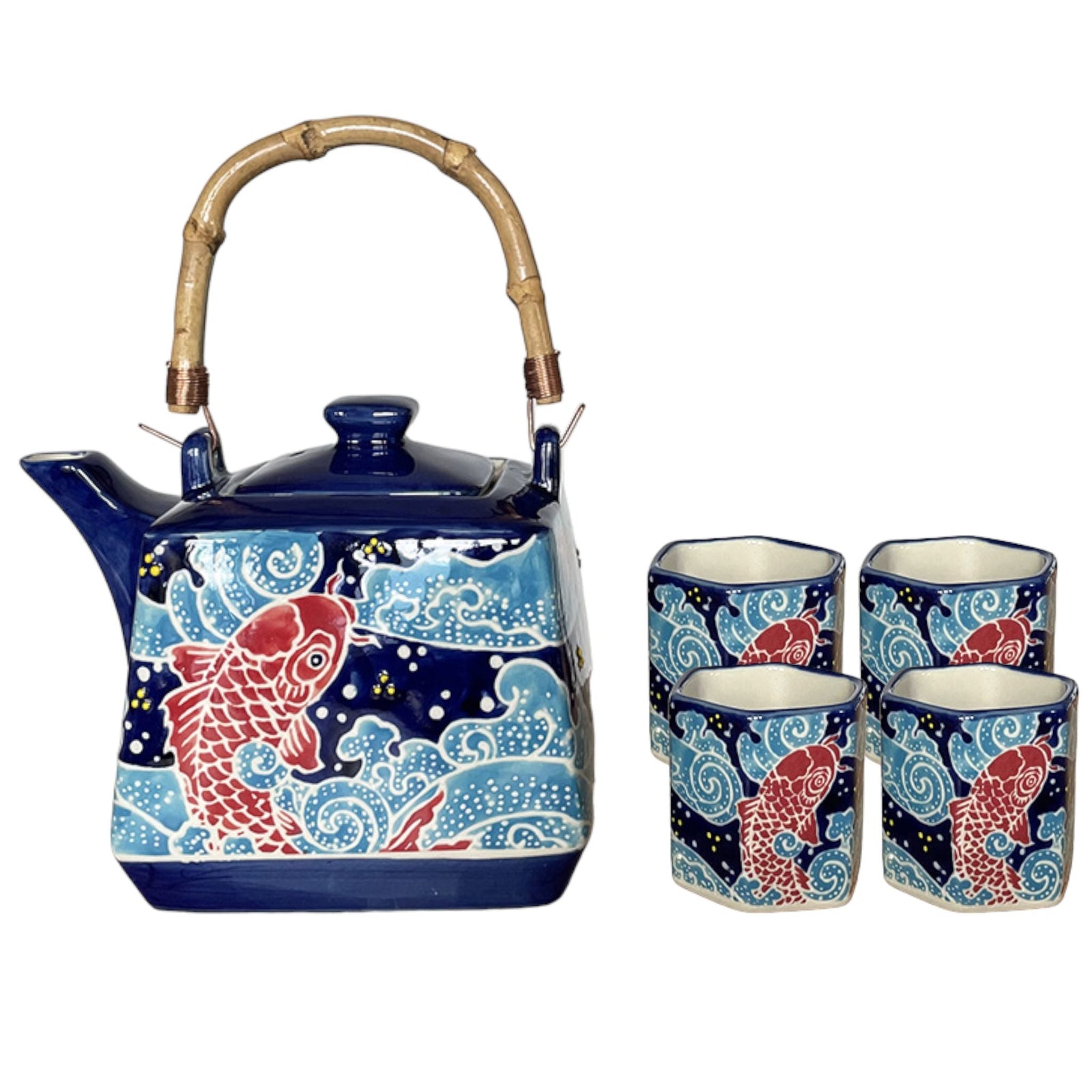 Koi Fish Japanese Tea Set 20oz Tea Pot with 4 Hexagon Cups | Gift Box