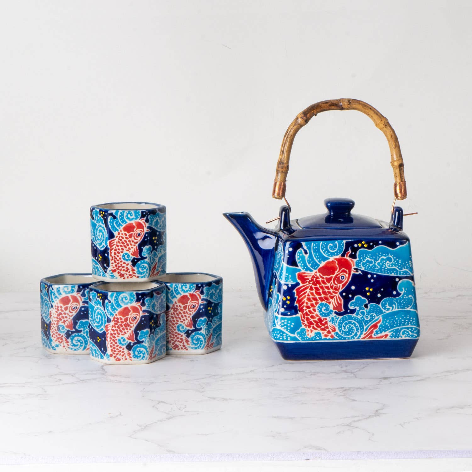 Koi Fish Japanese Tea Set 20oz Tea Pot with 4 Hexagon Cups | Gift Box ...