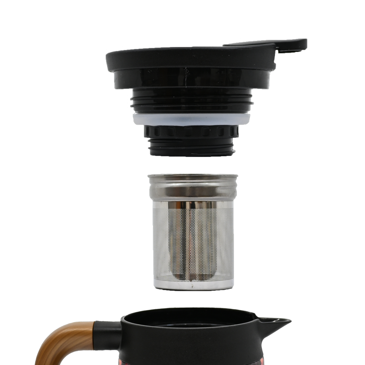 Tea infuser with black lid and wooden handle 