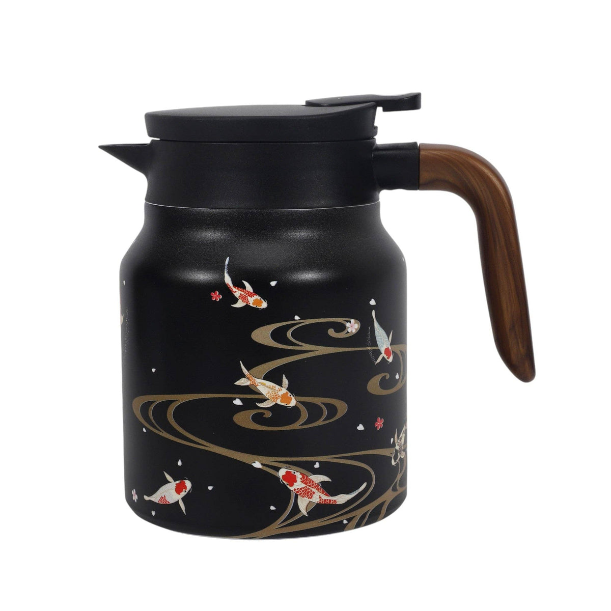 Black tea kettle with wooden handle and koi fish design