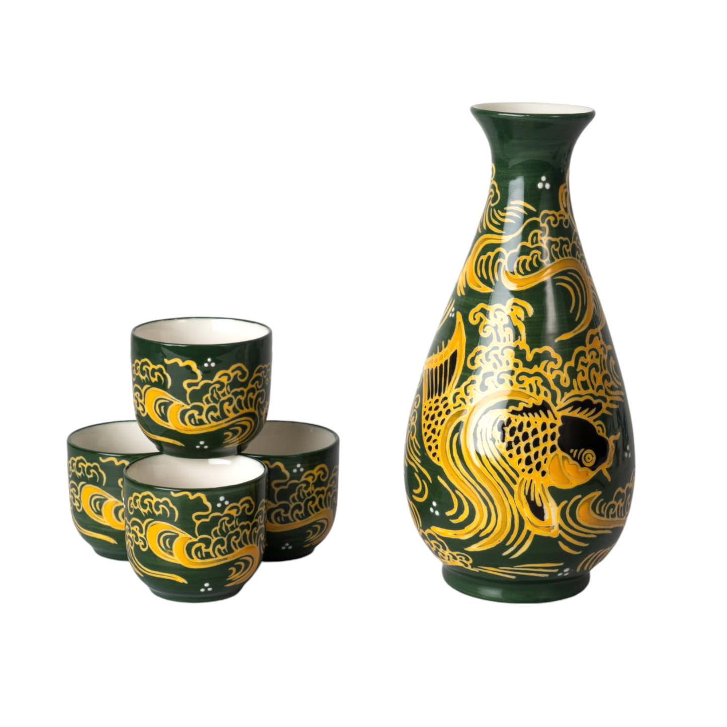 Koi Fishes Porcelain Glazed Sake Set  | 10oz Bottle with 4 Cups | Elegant Japanese Gift Set