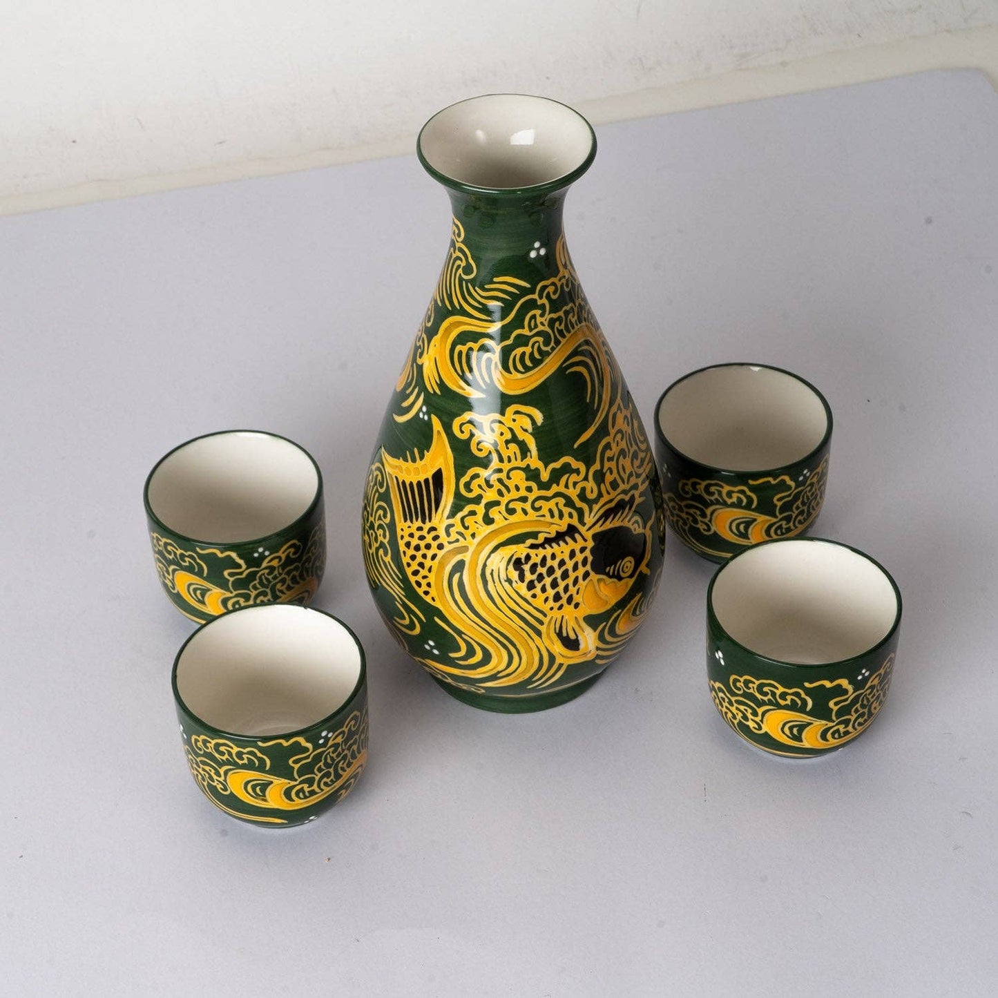 Koi Fishes Porcelain Glazed Sake Set  | 10oz Bottle with 4 Cups | Elegant Japanese Gift Set