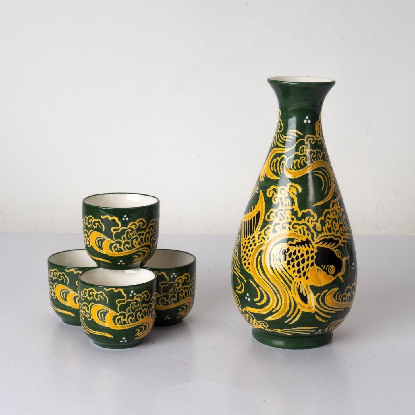 Koi Fishes Porcelain Glazed Sake Set  | 10oz Bottle with 4 Cups | Elegant Japanese Gift Set
