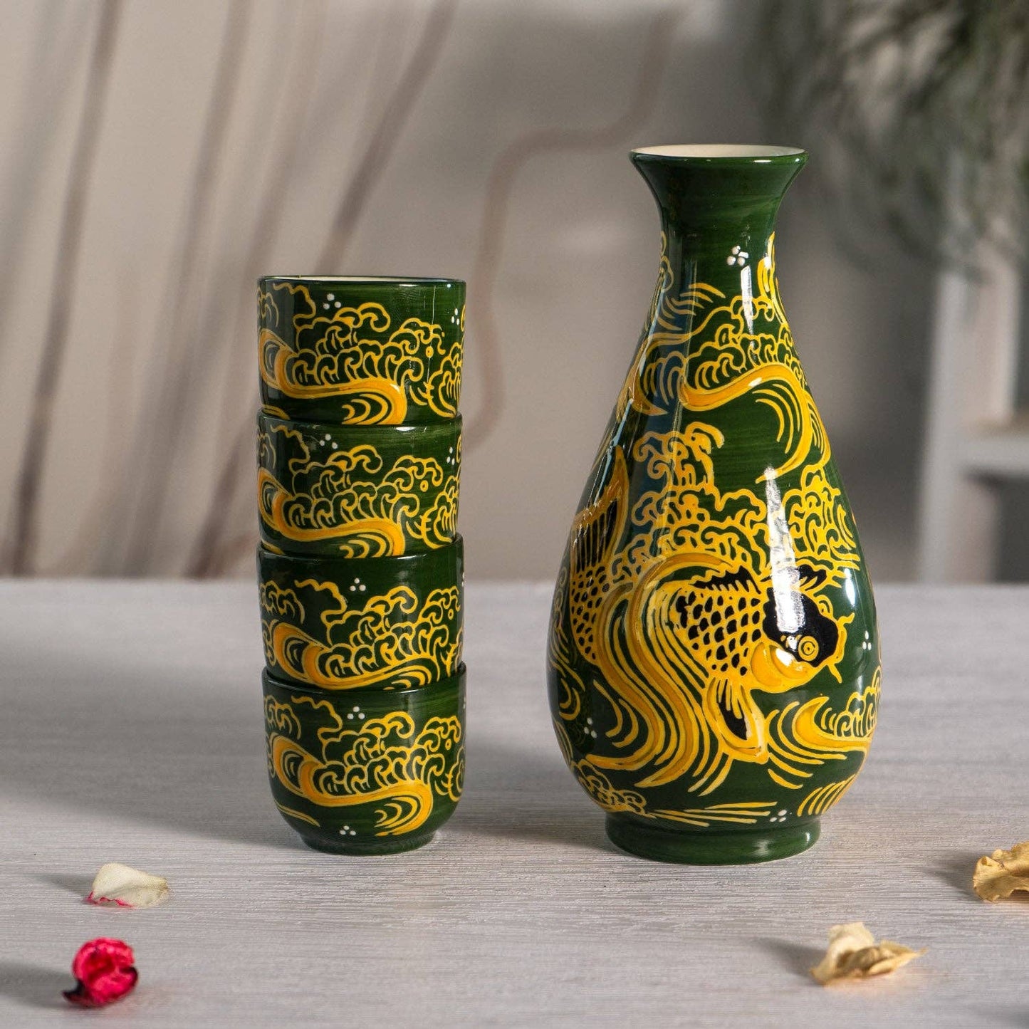 Koi Fishes Porcelain Glazed Sake Set  | 10oz Bottle with 4 Cups | Elegant Japanese Gift Set