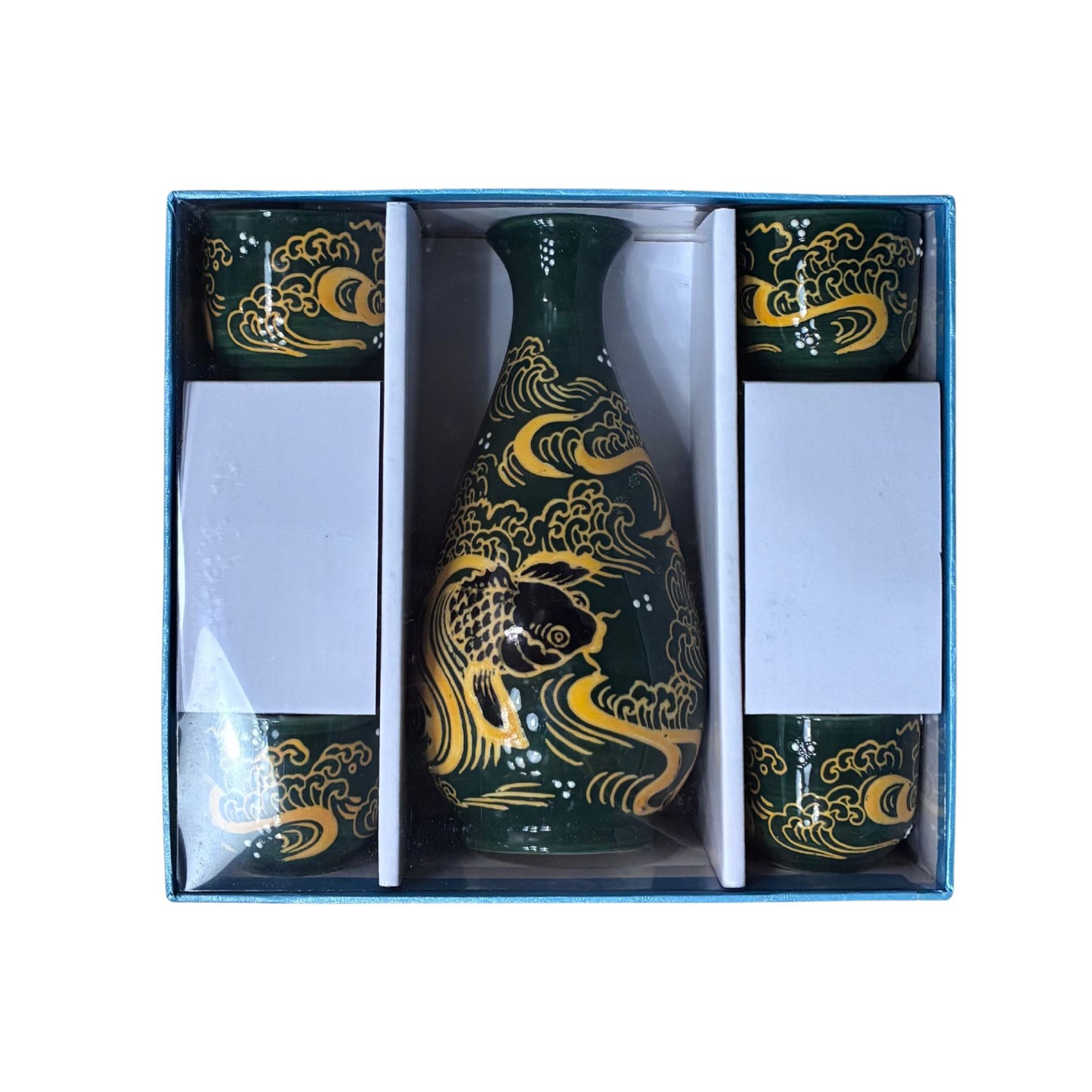 Koi Fishes Porcelain Glazed Sake Set  | 10oz Bottle with 4 Cups | Elegant Japanese Gift Set