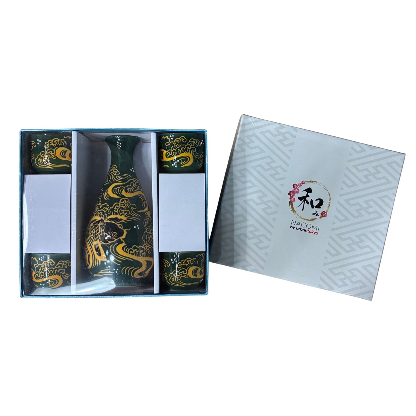 Koi Fishes Porcelain Glazed Sake Set  | 10oz Bottle with 4 Cups | Elegant Japanese Gift Set