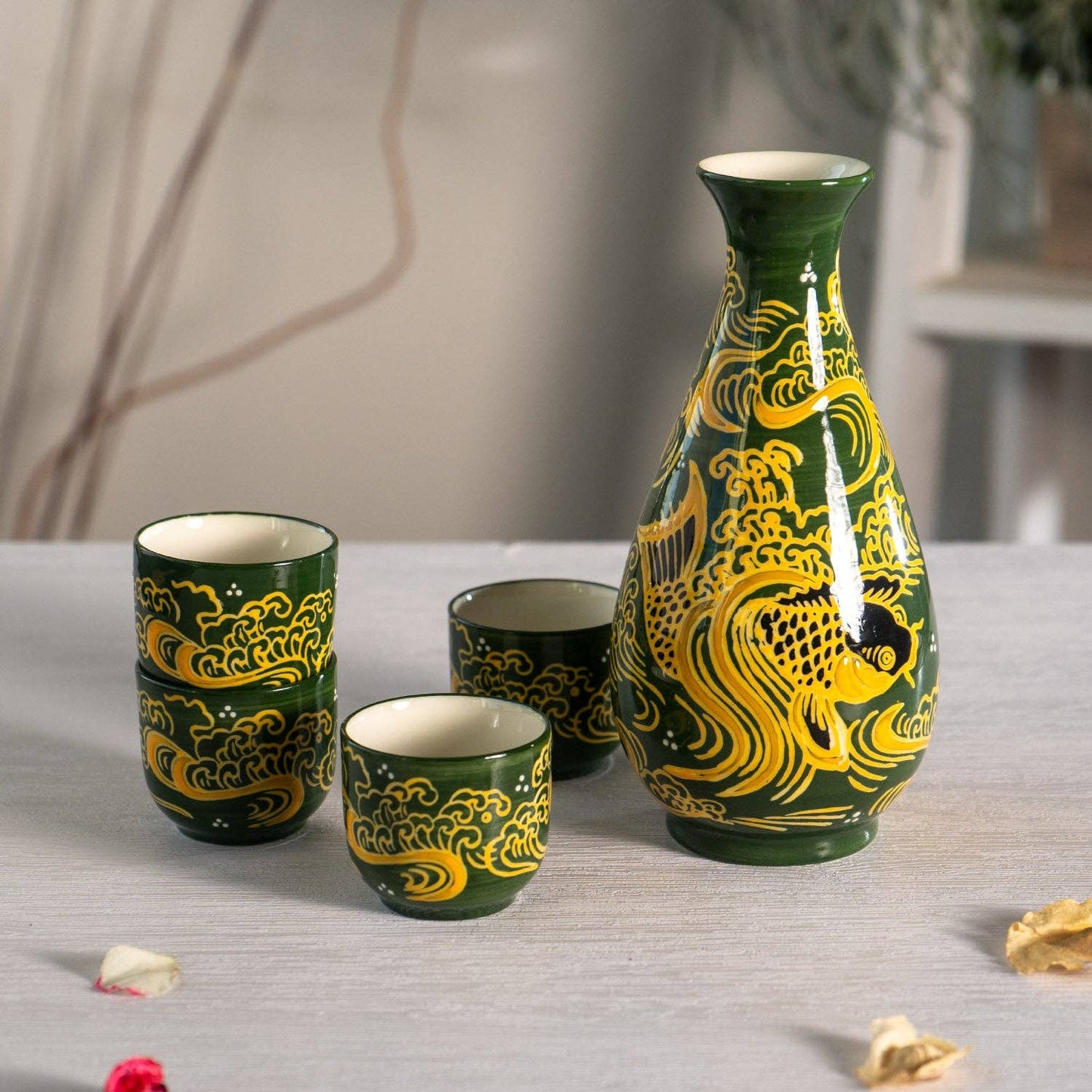 Koi Fishes Porcelain Glazed Sake Set  | 10oz Bottle with 4 Cups | Elegant Japanese Gift Set