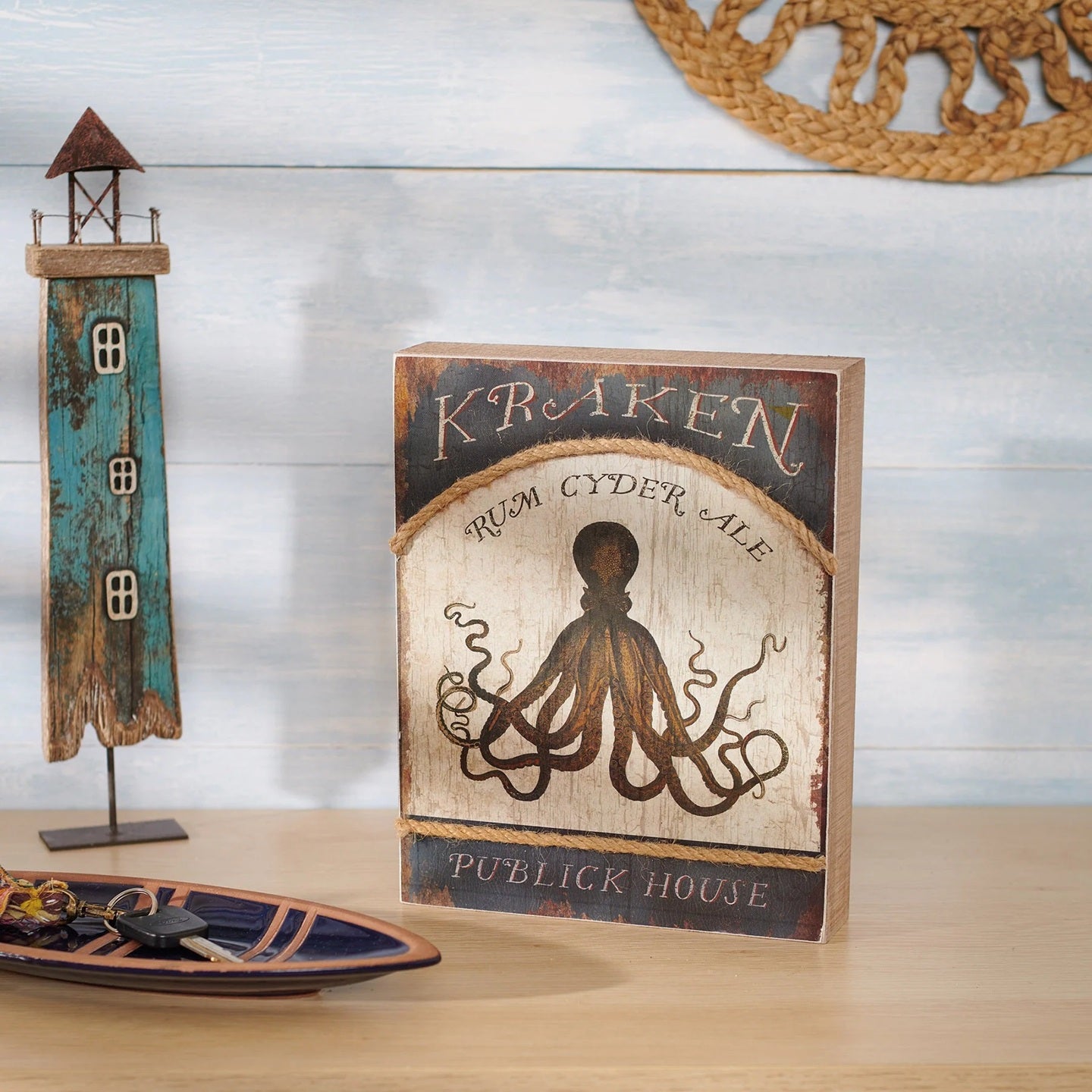 Kraken Publick House Pub Sign for Home Bar | Rustic Wooden Nautical Themed Decor | 8" x 10"