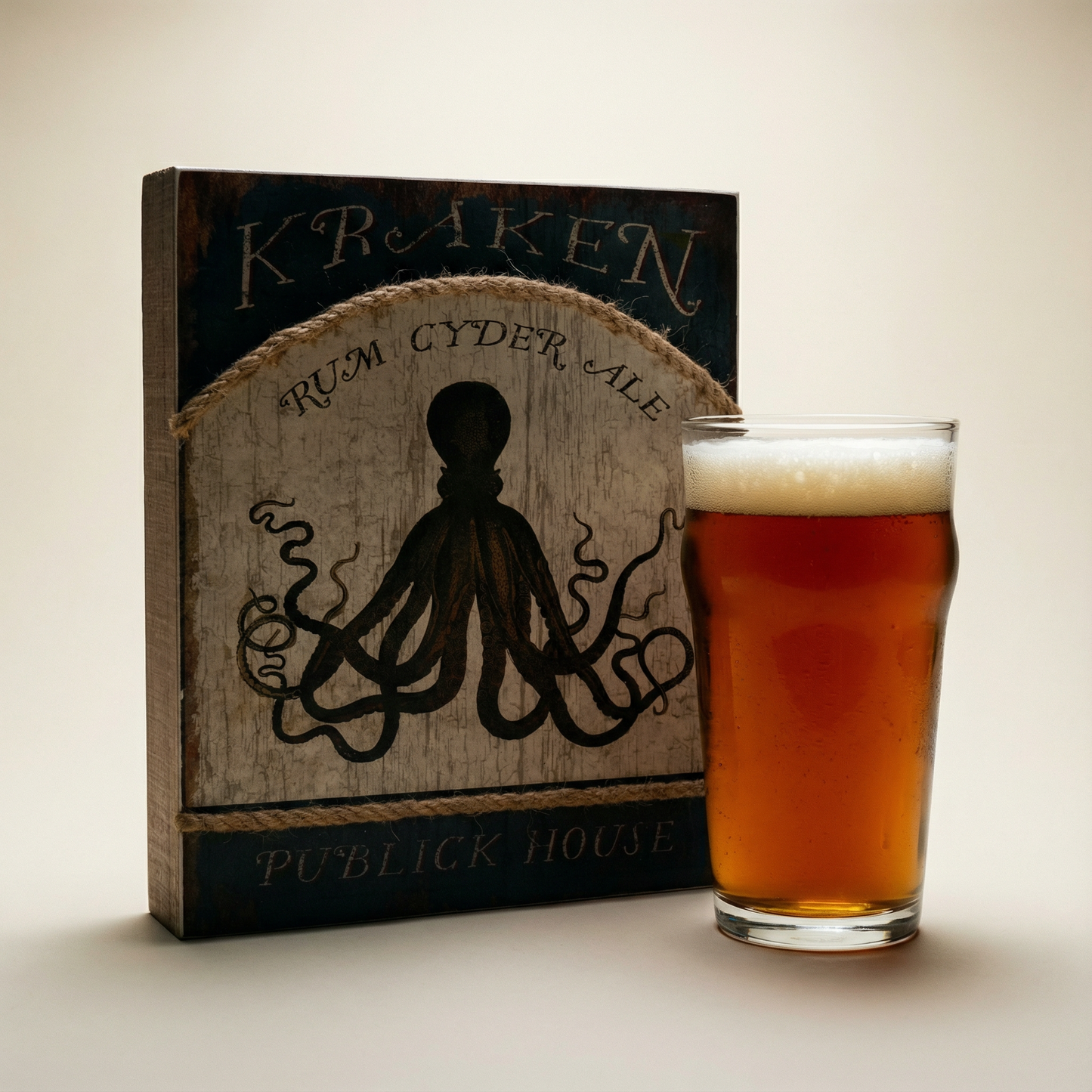 Kraken Publick House Pub Sign for Home Bar | Rustic Wooden Nautical Themed Decor | 8" x 10"