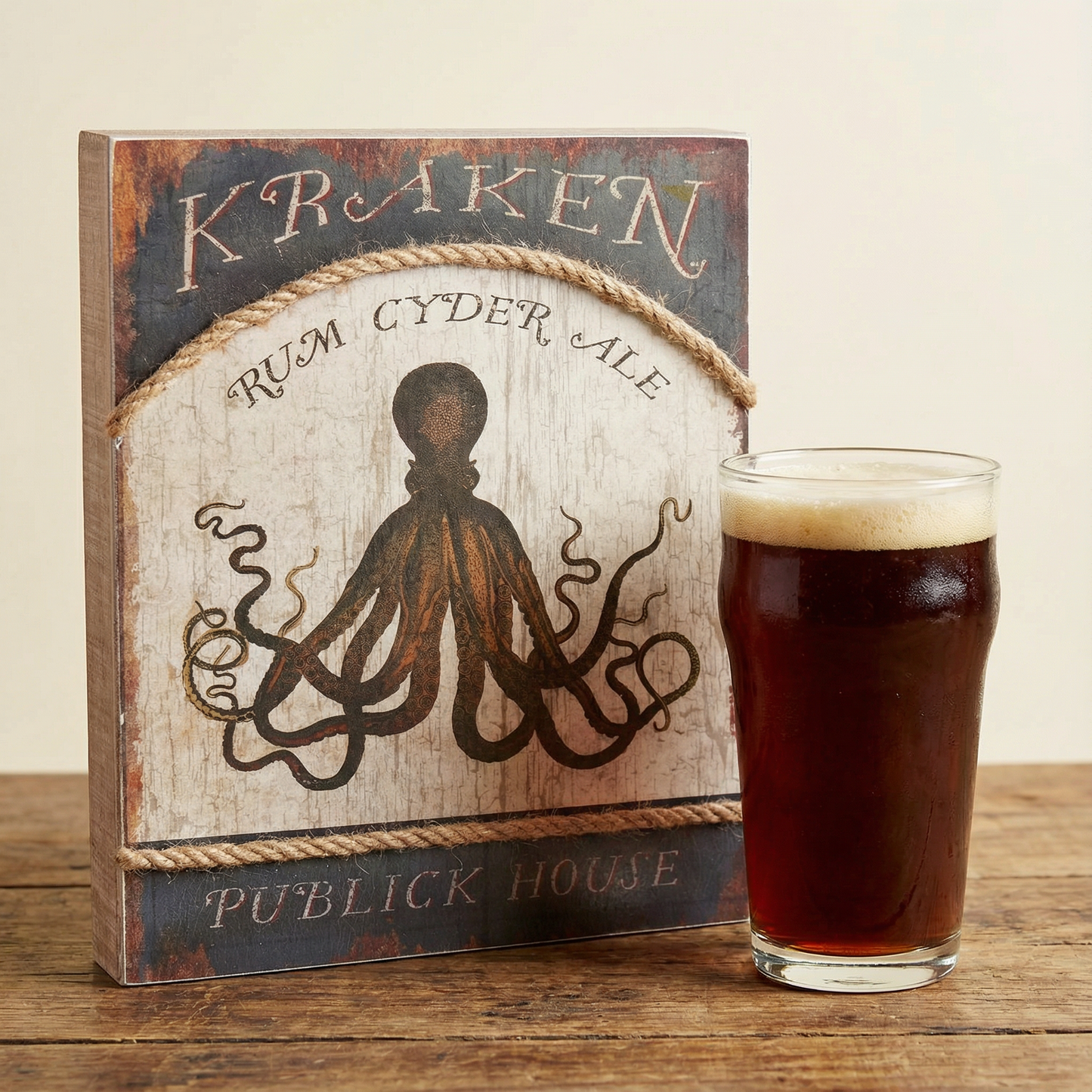 Kraken Publick House Pub Sign for Home Bar | Rustic Wooden Nautical Themed Decor | 8" x 10"