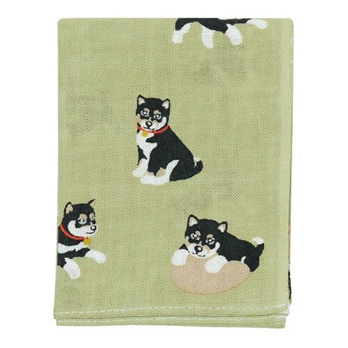 Kuroshiba-kun Japanese Tenugui Hankie Handkerchief in Green | 13.38" x 16.92"