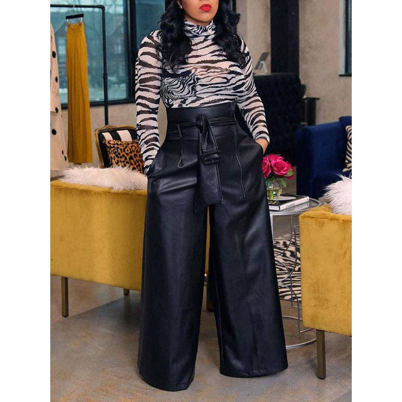 L-2X Faux Leather High Waisted Wide Leg Belted Solid Color Zipper Pants Trousers in Black