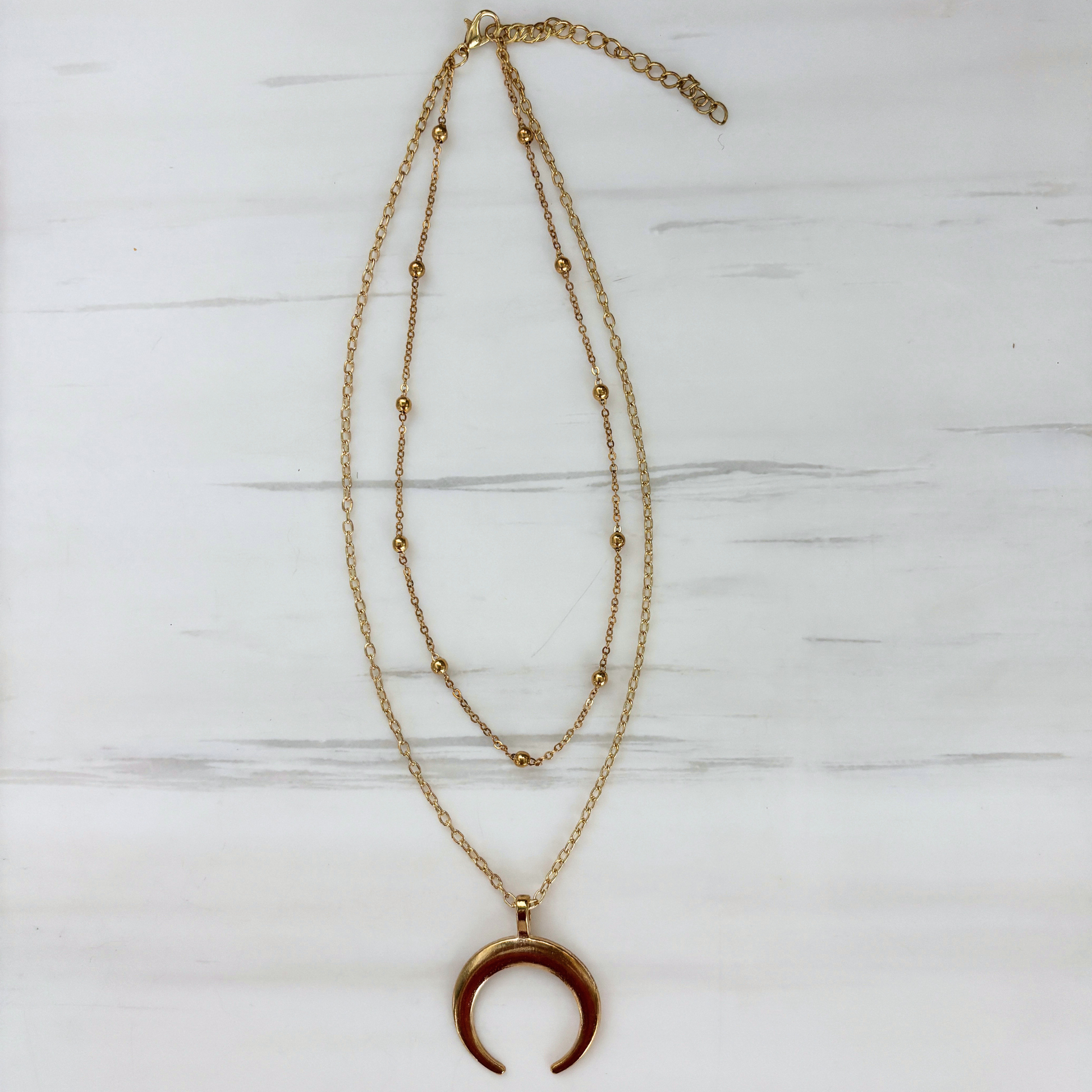 La Luna Double Layered Necklace in Gold | Beaded Chain + Crescent Moon | Two-Strand