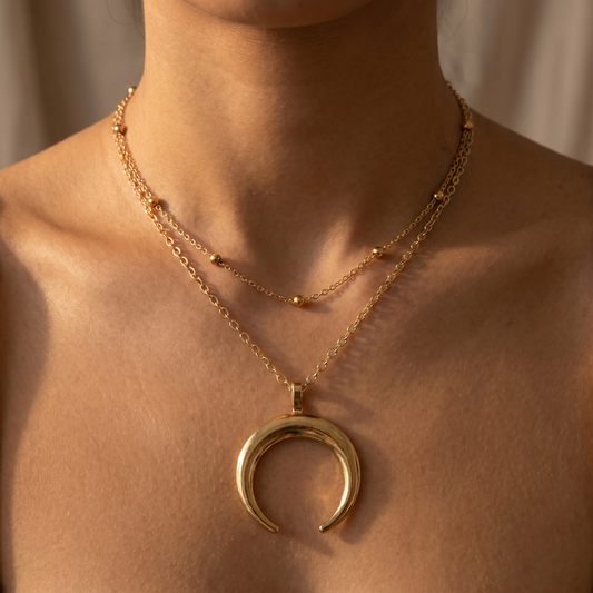 La Luna Double Layered Necklace in Gold | Beaded Chain + Crescent Moon | Two-Strand
