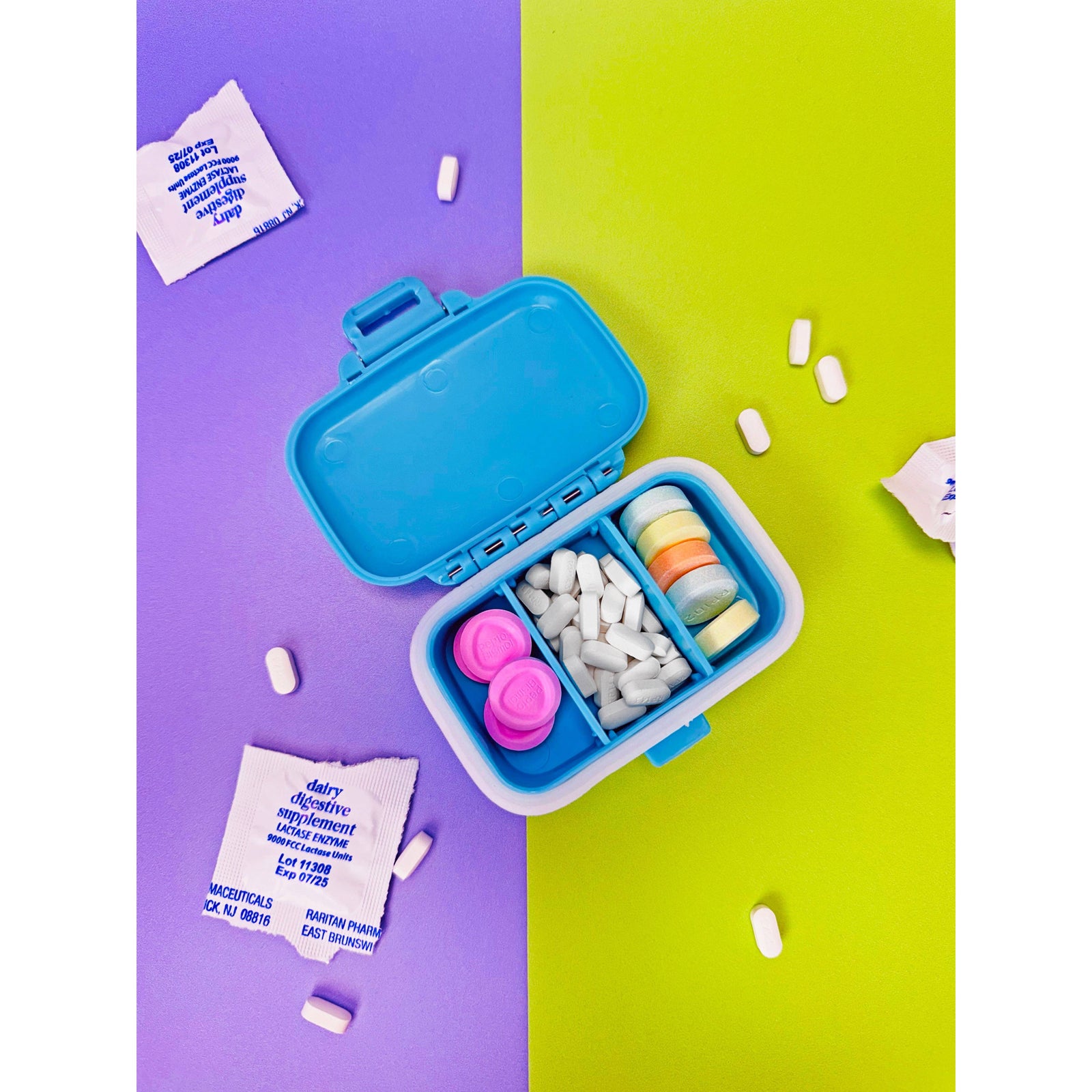 Lactose Intolerant Girlie Pill Case in Blue | 3 Compartment Medicine Organizer