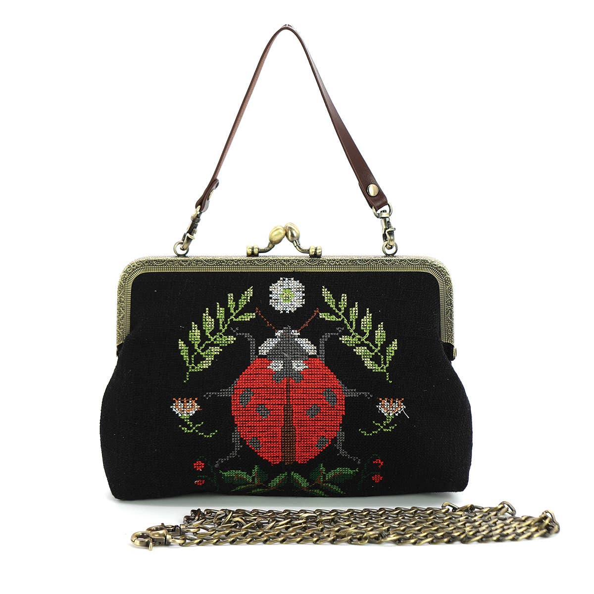 Lady Bug Vintage Kisslock Bag in Black | Ladybird Beetle Shoulder Bag