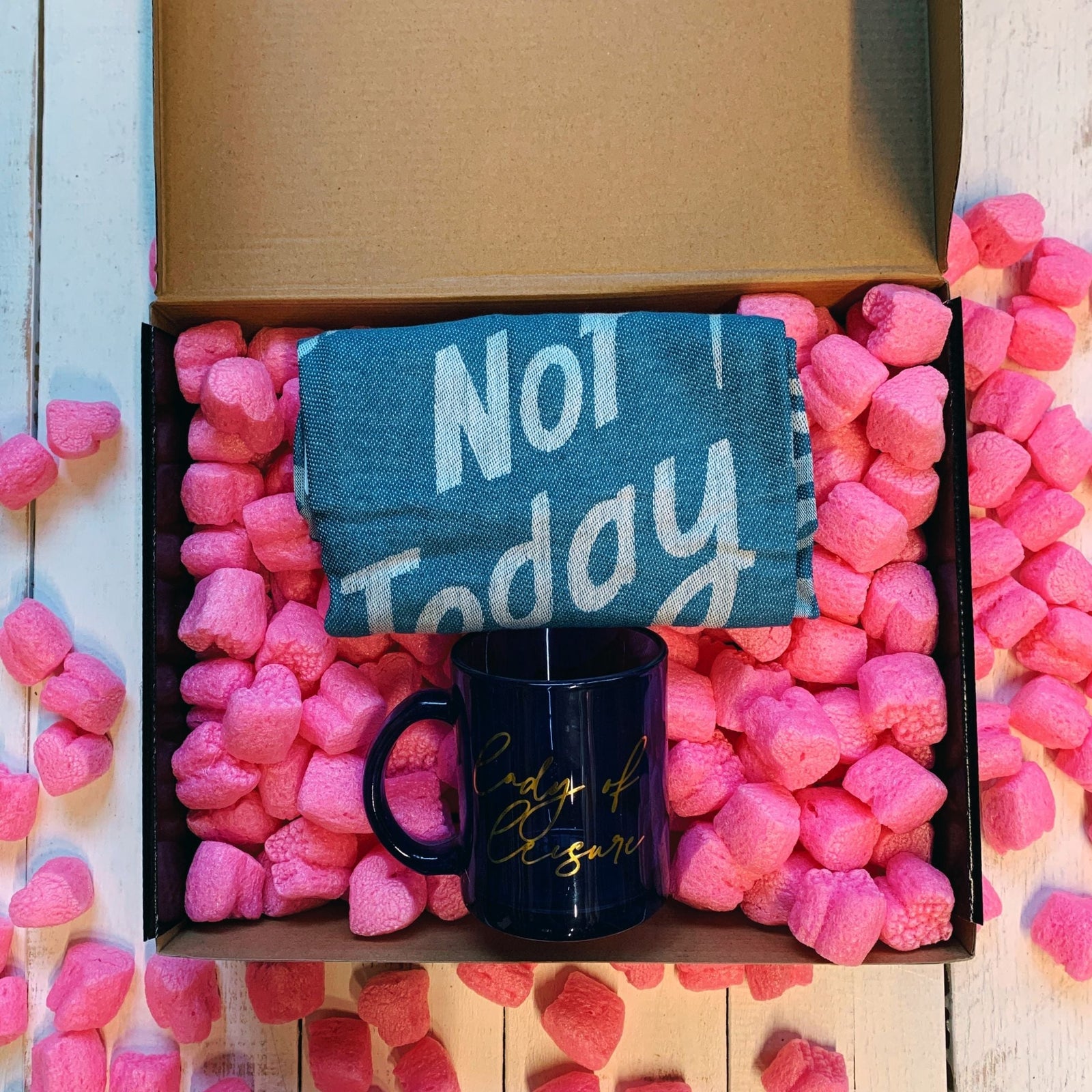 Lady of Leisure Gift Box with Compostable Pink Heart Packing Peanuts