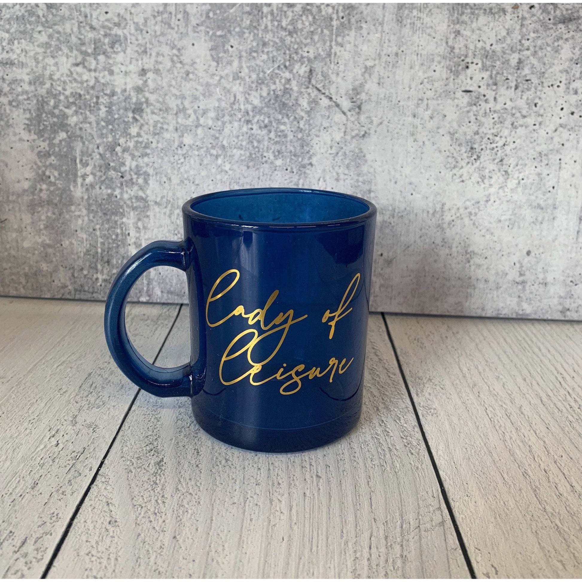 Lady of Leisure Single-Wall Glass Mug in Dark Blue Tinted Glass and Gold | 10 oz.