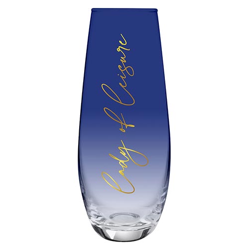 Lady of Leisure Stemless Flute Champagne Glass in Dark Blue Tinted Glass and Gold | 11.8 oz.