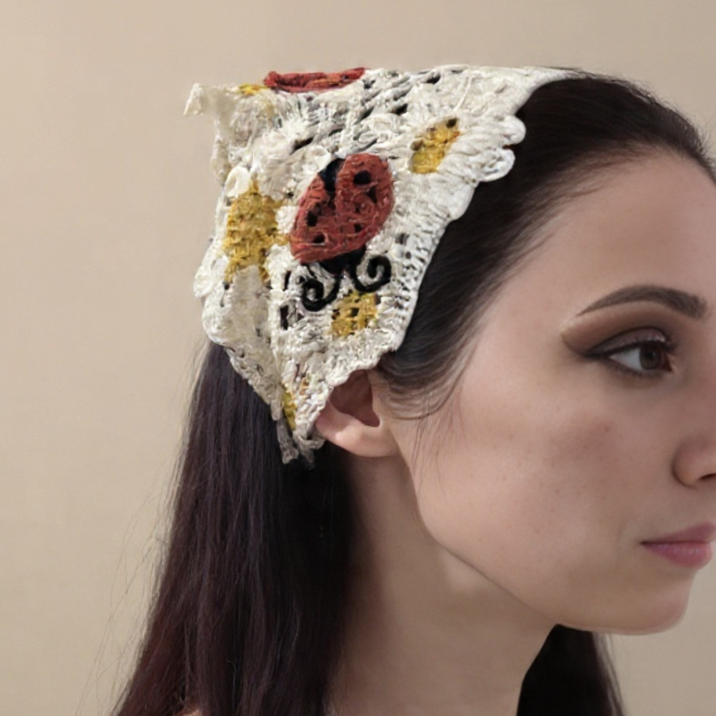 Ladybug Crochet Kerchief | Knit Tie Boho Headscarf in Cream and Red