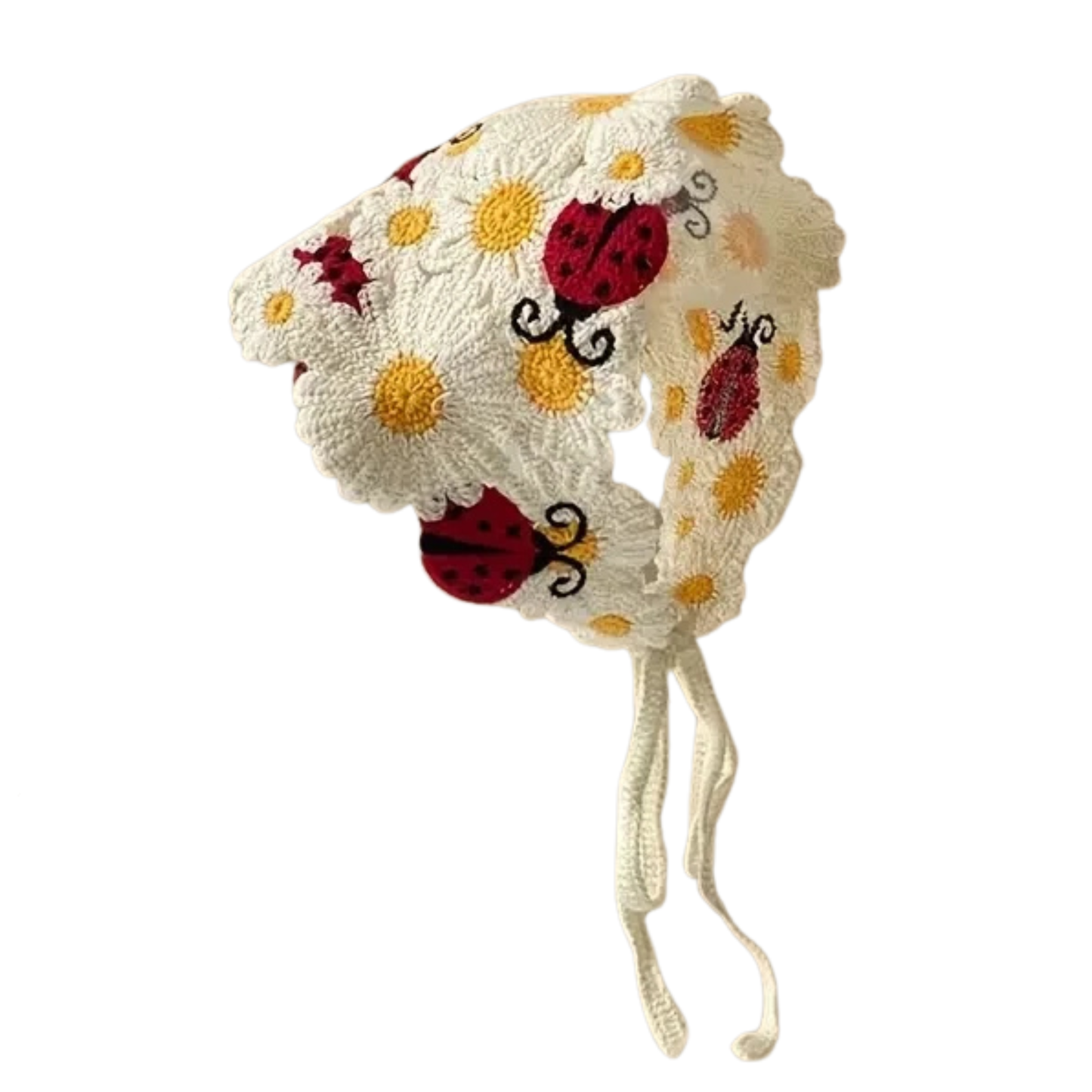 Ladybug Crochet Kerchief | Knit Tie Boho Headscarf in Cream and Red