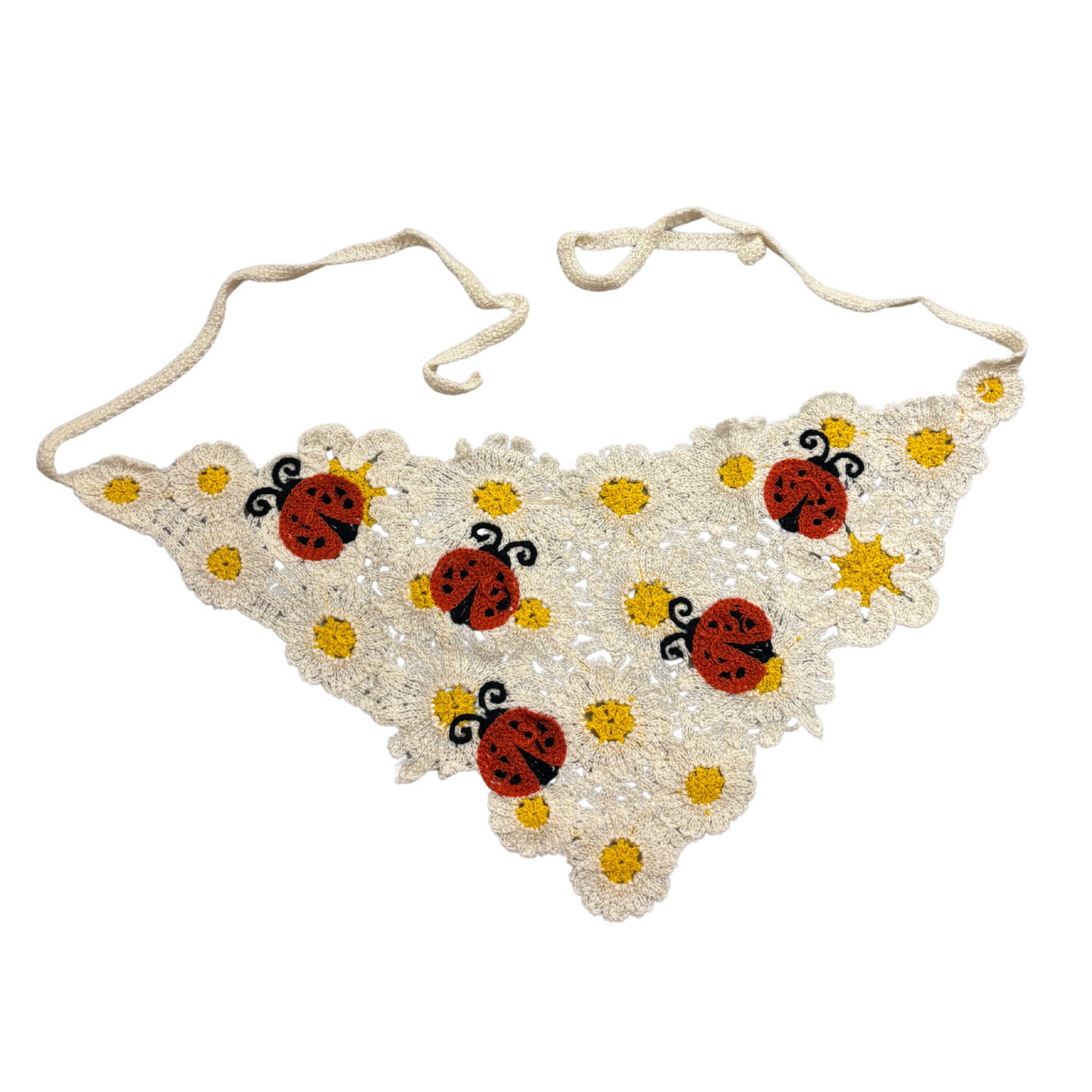 Ladybug Crochet Kerchief | Knit Tie Boho Headscarf in Cream and Red