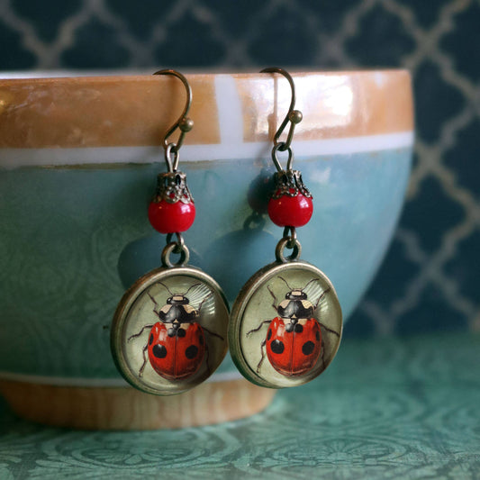 Ladybug Vintage Inspired Glass Cabochon Earrings | Antiqued Bronze, Handmade Lightweight Dangle Jewelry