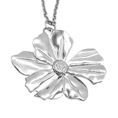 Large Flower Stainless Steel Necklace | Pretty Silver Pendant on Chain