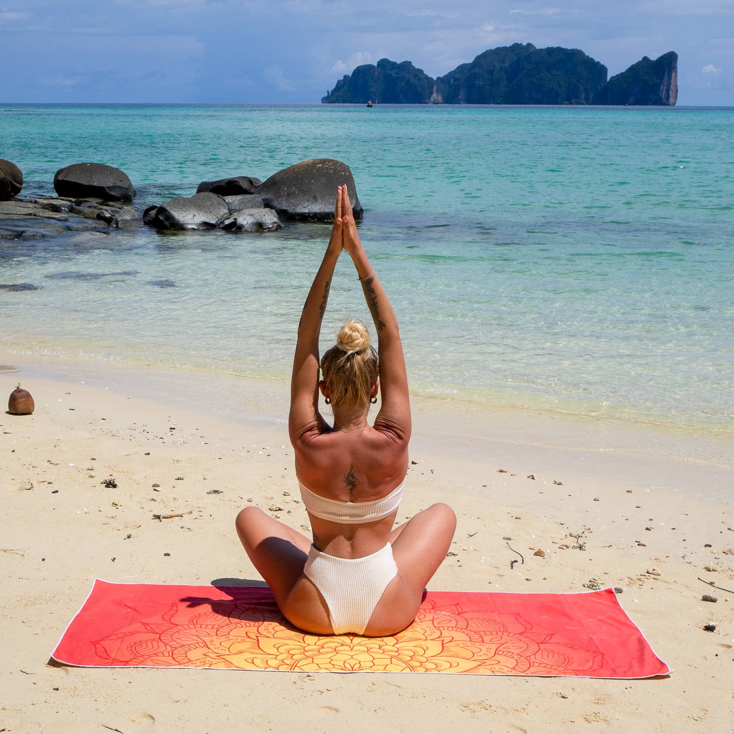 Large Orange Mandala Towel in Travel Bag | Sand-Free Microfiber Beach Towel 30" x 70" with Mesh Bag