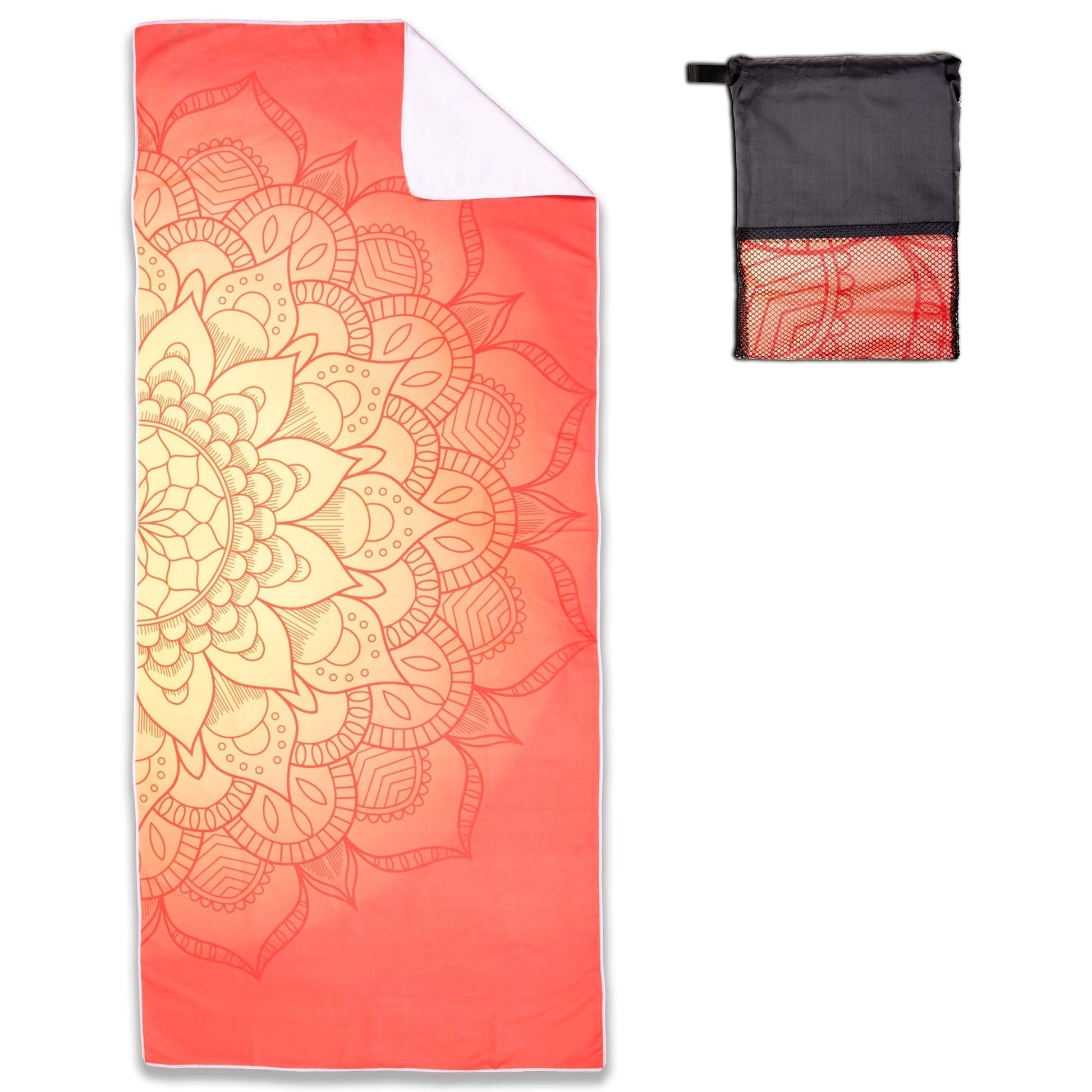 Large Orange Mandala Towel in Travel Bag | Sand-Free Microfiber Beach Towel 30" x 70" with Mesh Bag