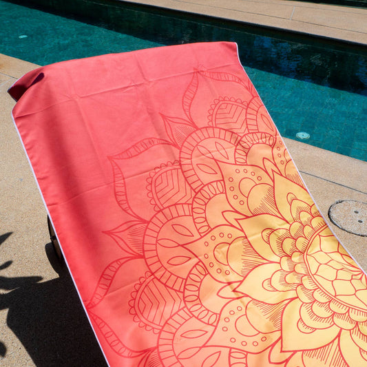 Large Orange Mandala Towel in Travel Bag | Sand-Free Microfiber Beach Towel 30" x 70" with Mesh Bag