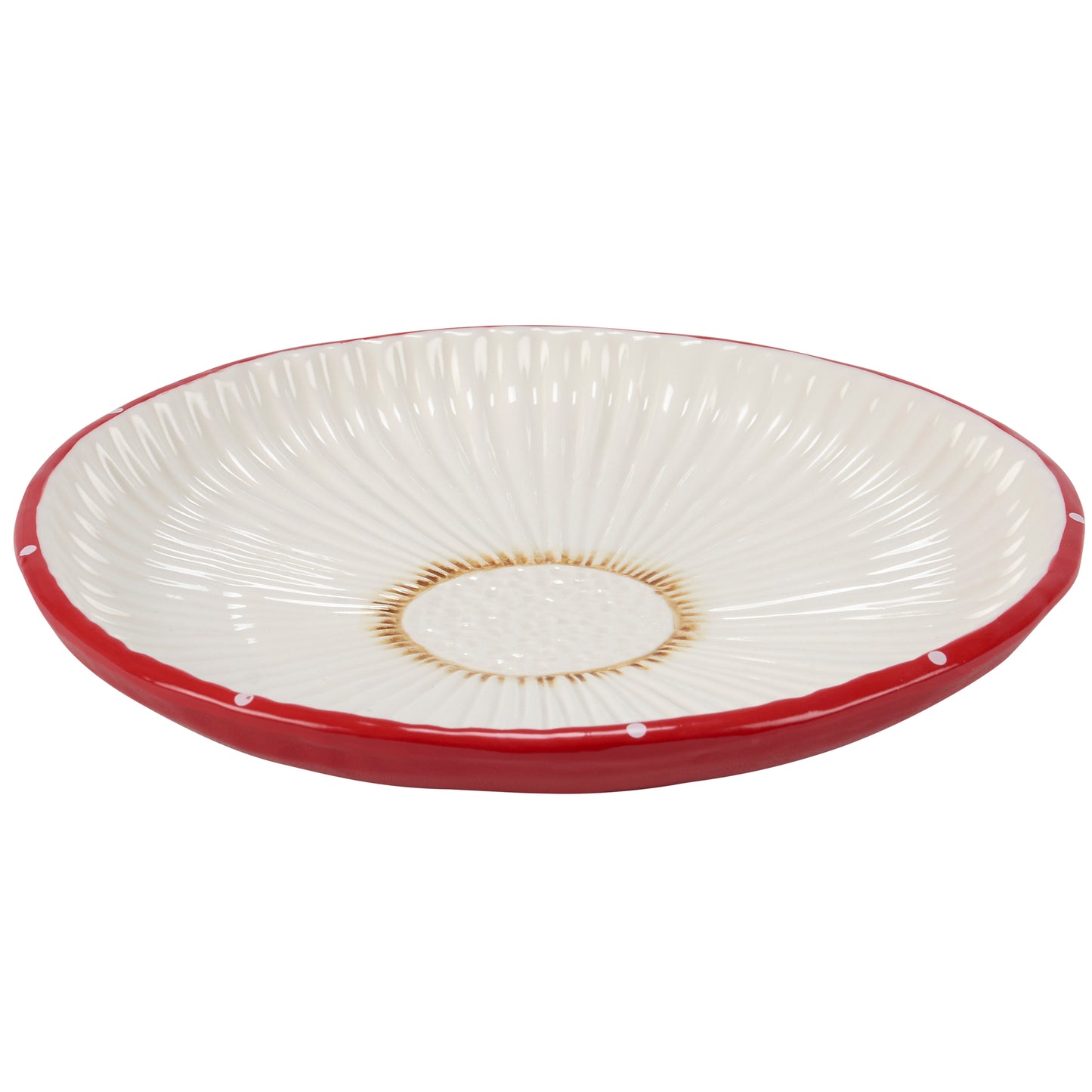 Round ceramic plate with red rim and white polka dots