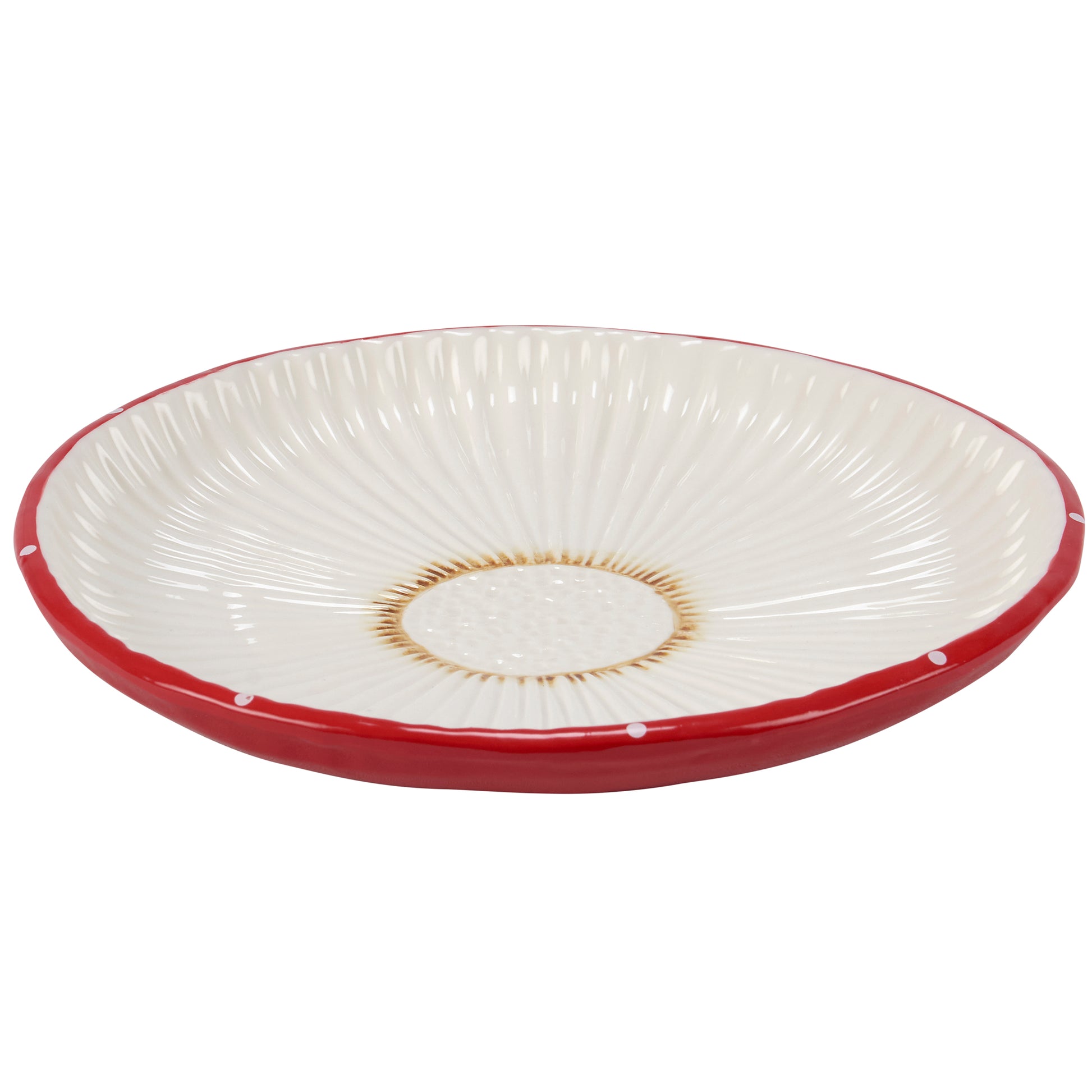 Round ceramic plate with red rim and white polka dots