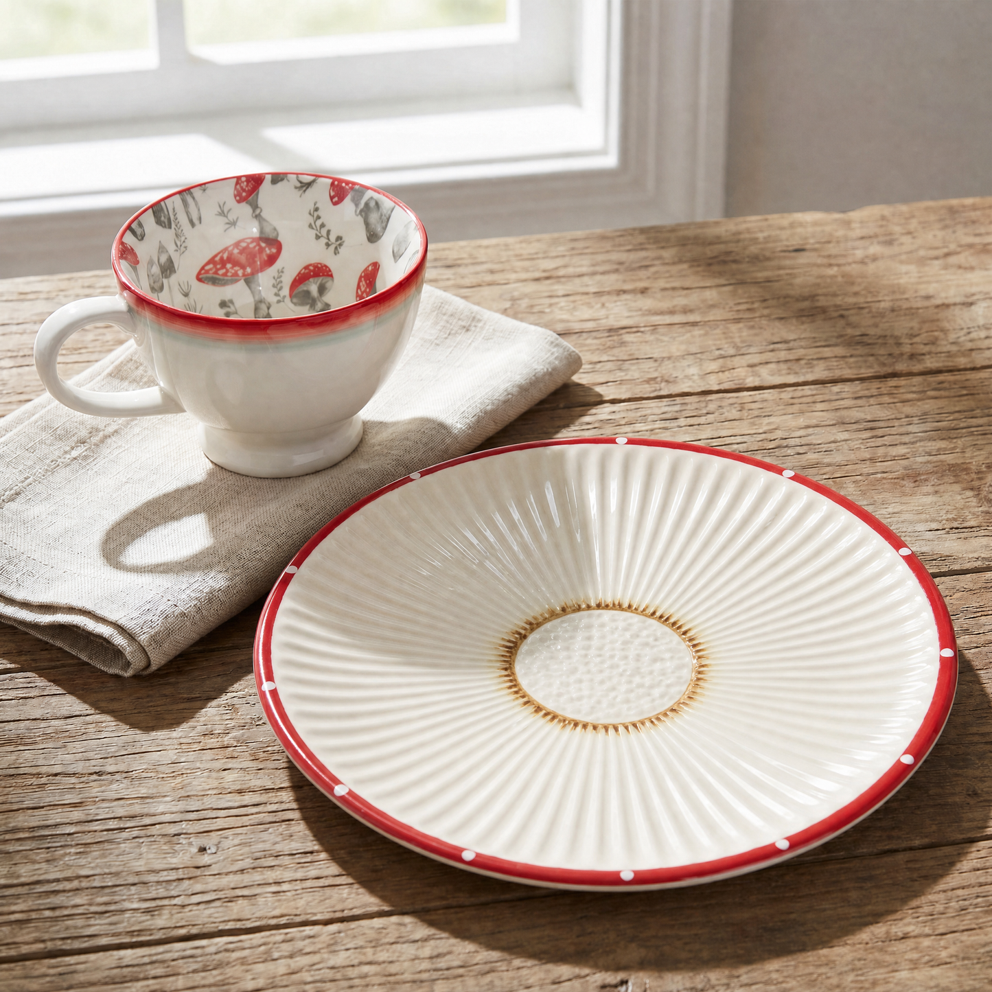 Large Red Stoneware Mushroom Cap Plate | 8.5" Diameter