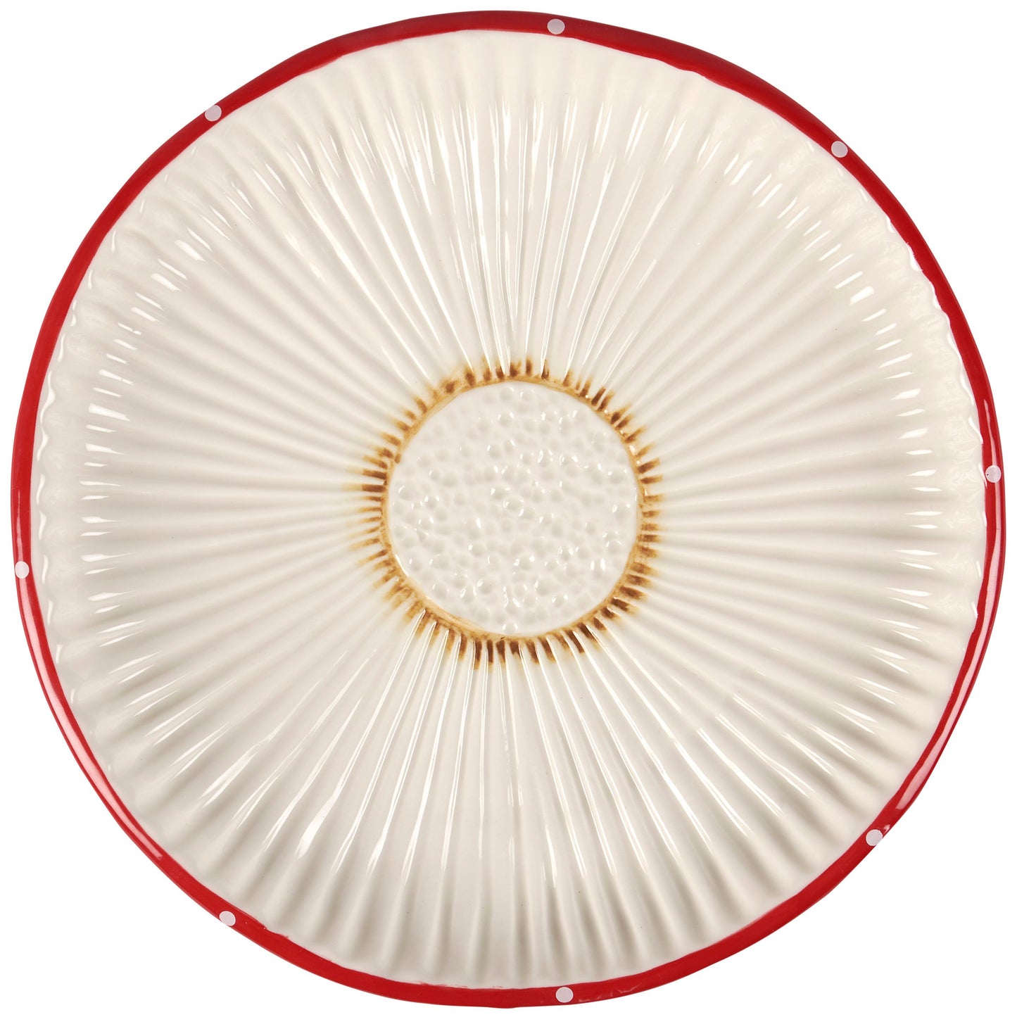 Round decorative plate with red rim and beige center on a white background