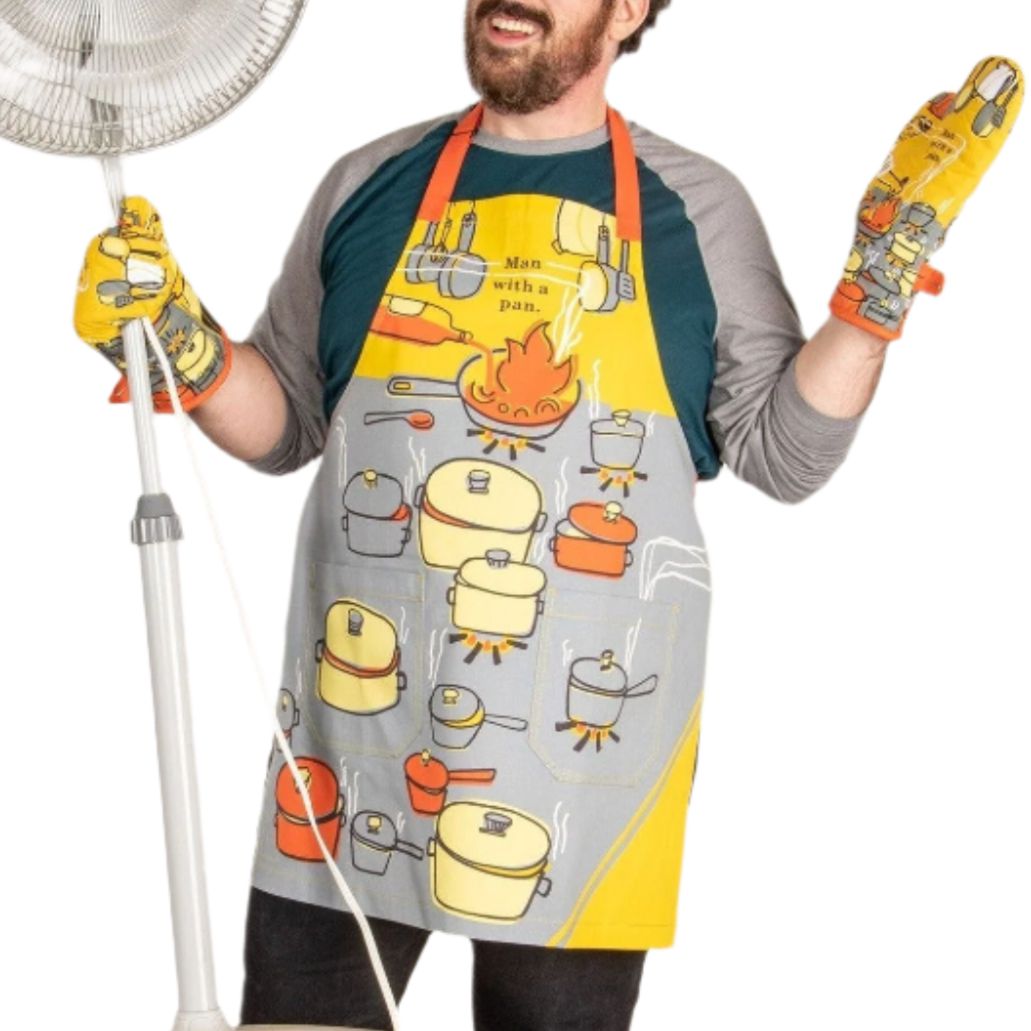 Last Call! Man With A Pan Apron Funny Cooking and BBQ Apron Men's Gift 2 Pockets Adjustable Strap 100% Cotton | BlueQ at GetBullish