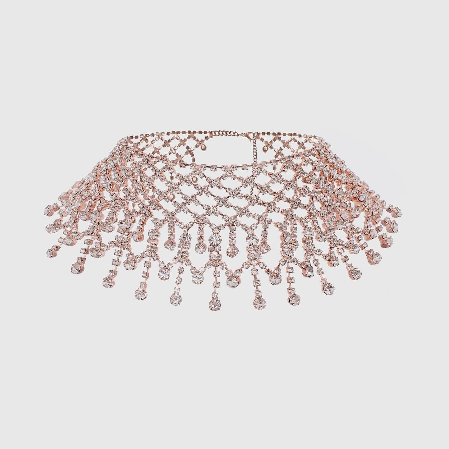 Layered Rhinestone Tassel Choker in Rose Gold