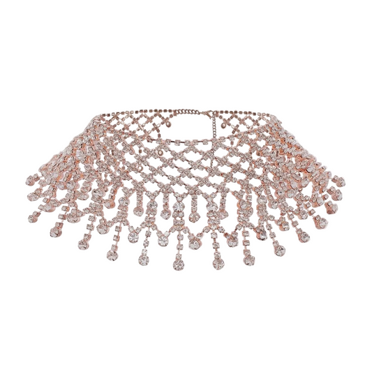Layered Rhinestone Tassel Choker in Rose Gold