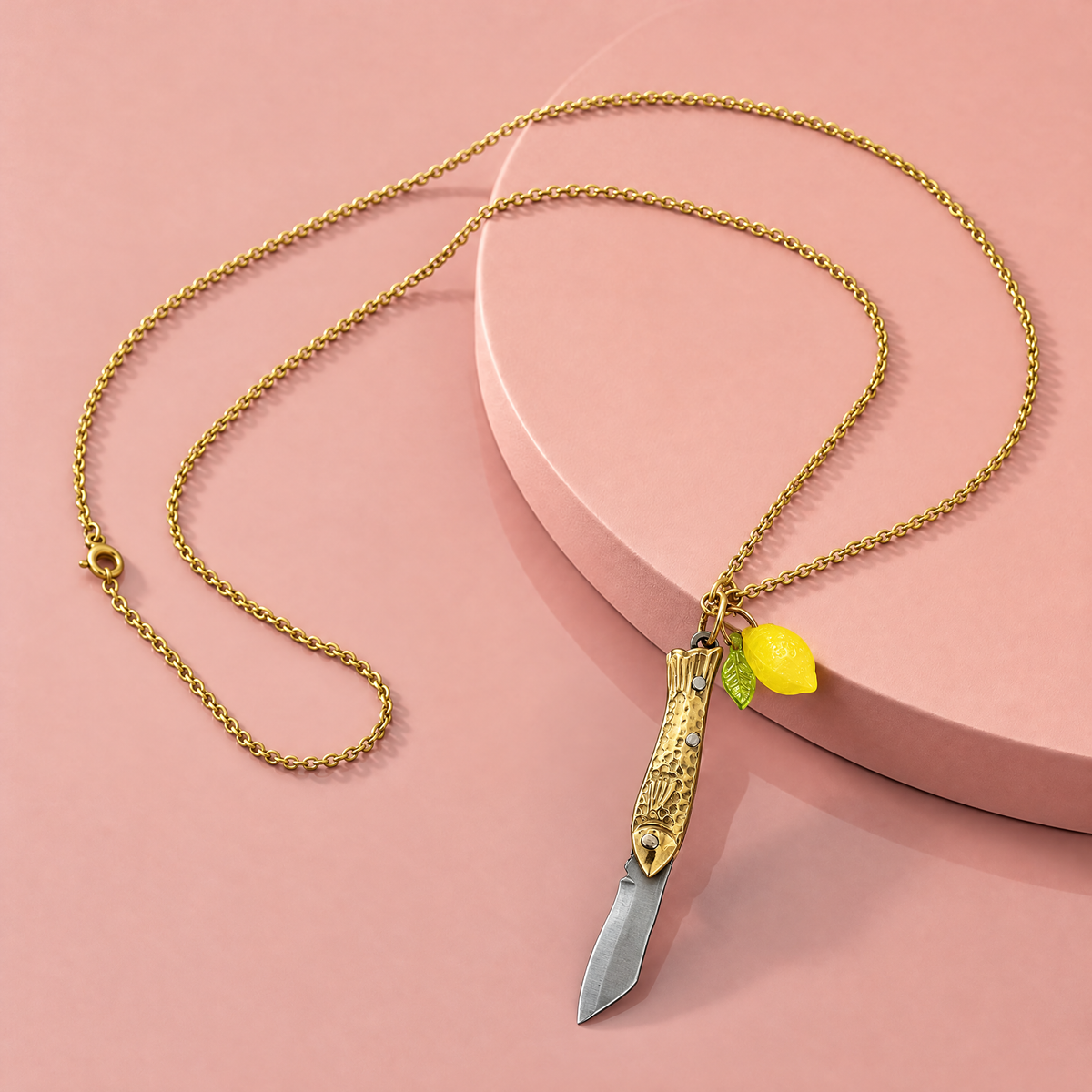 Lemon Sardine Knife Necklace | Folding Mini Knife Pendant in Gold with Yellow Lemon Charm | GetBullish-GetBullish-The Bullish Store