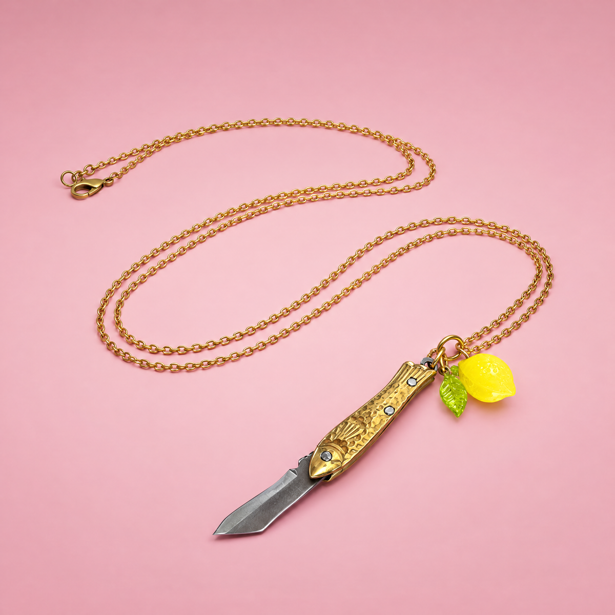 Lemon Sardine Knife Necklace | Folding Mini Knife Pendant in Gold with Yellow Lemon Charm | GetBullish-GetBullish-The Bullish Store