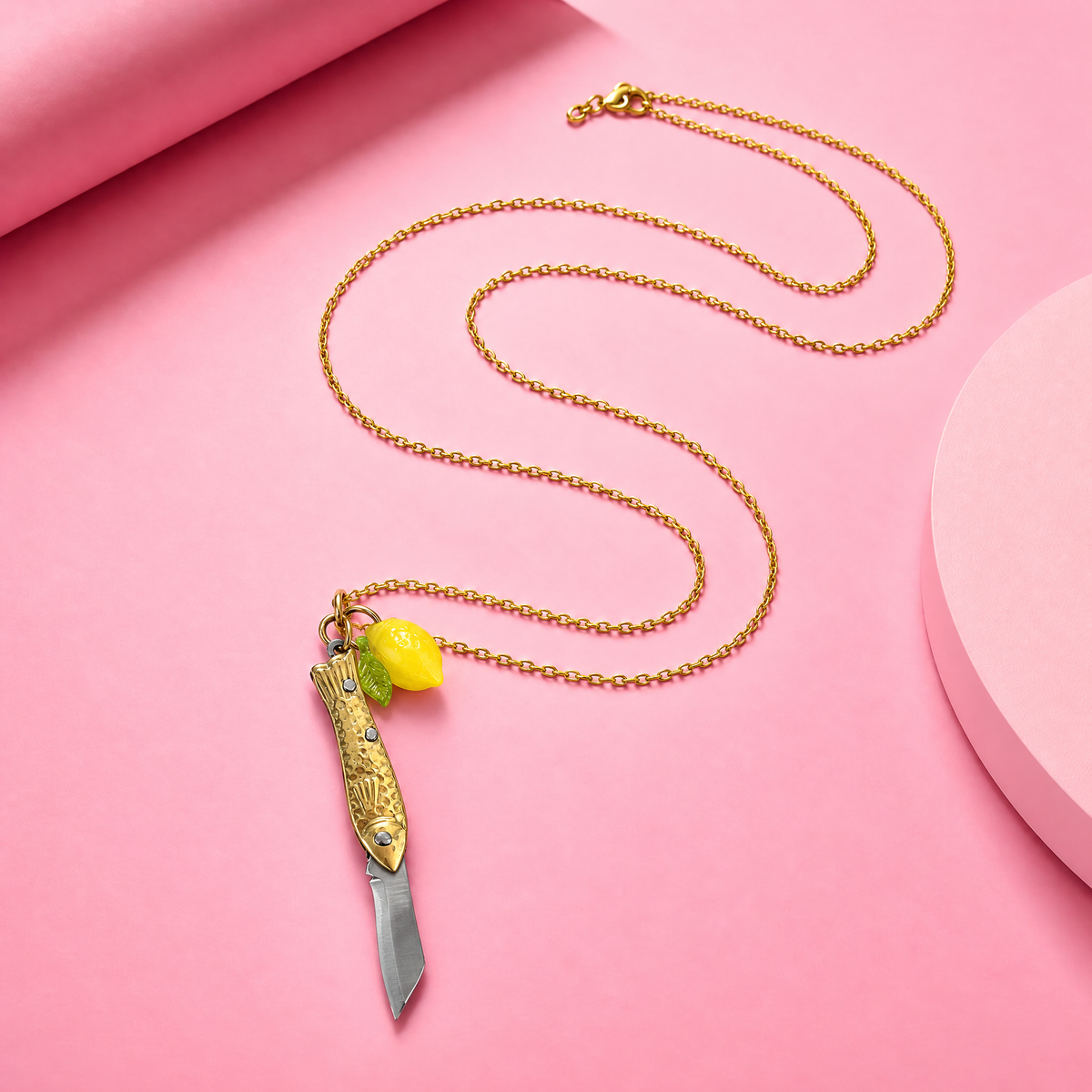 Lemon Sardine Knife Necklace | Folding Mini Knife Pendant in Gold with Yellow Lemon Charm | GetBullish-GetBullish-The Bullish Store